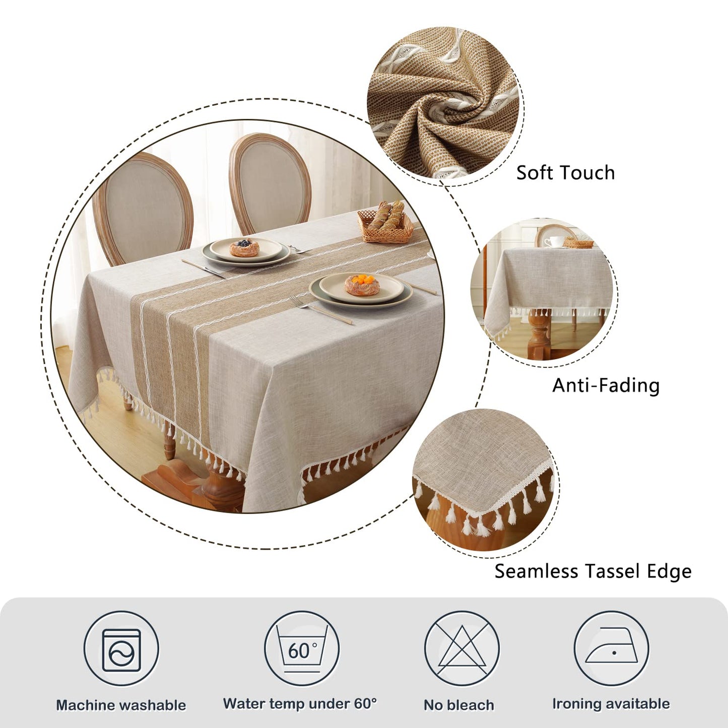Laolitou Rustic Tablecloth Cotton Linen Waterproof Farmhouse Tablecloth Burlap Table Cloths for Kitchen Dining Cloth Table Cloth for Rectangle Tables Coffee Lines Rectangle,55''x70'',4-6 Seats