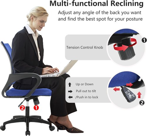 BestOffice Ergonomic Office Chair - Mid-Back Swivel Desk Chair with Breathable Backrest & Lumbar Support - Dark Blue