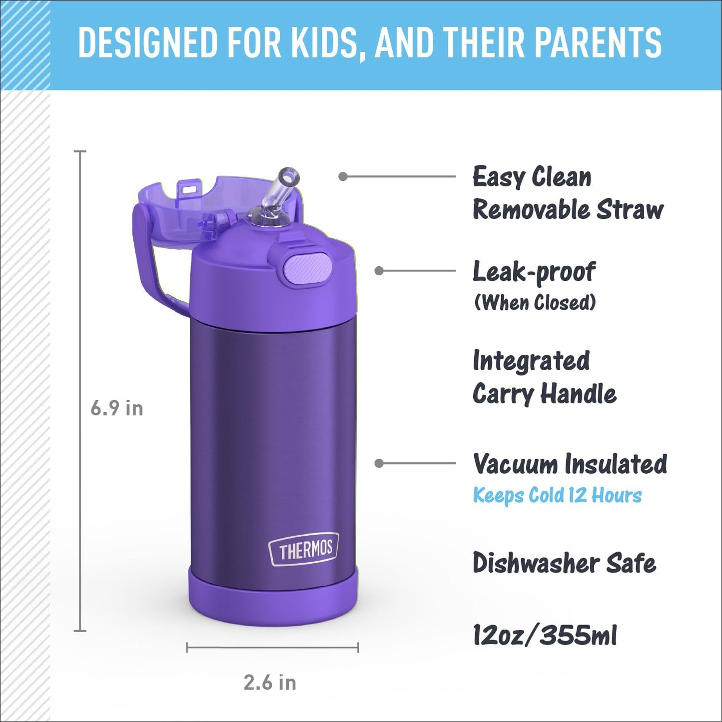 THERMOS FUNTAINER Water Bottle - 12 Ounce Stainless Steel Vacuum Insulated Kids Bottle - Violet