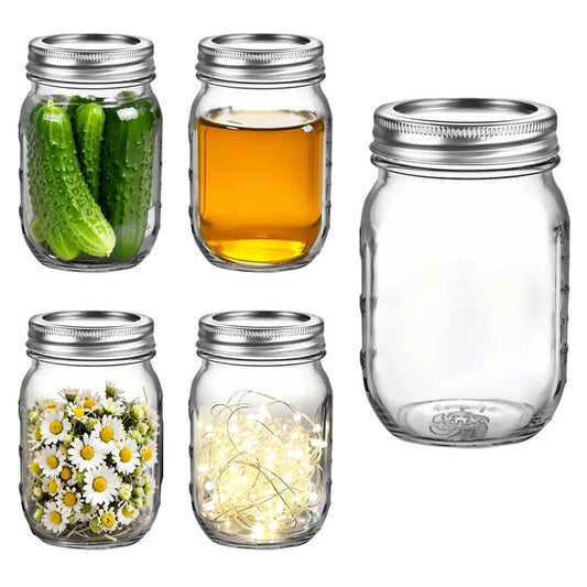 16 oz - 5-Pack Regular Mouth Glass Jars with Lid & Seal Bands - Airtight Container for Pickling, Canning, Candles, Home Decor, Overnight Oats, Fruit Preserves, Jam or Jelly
