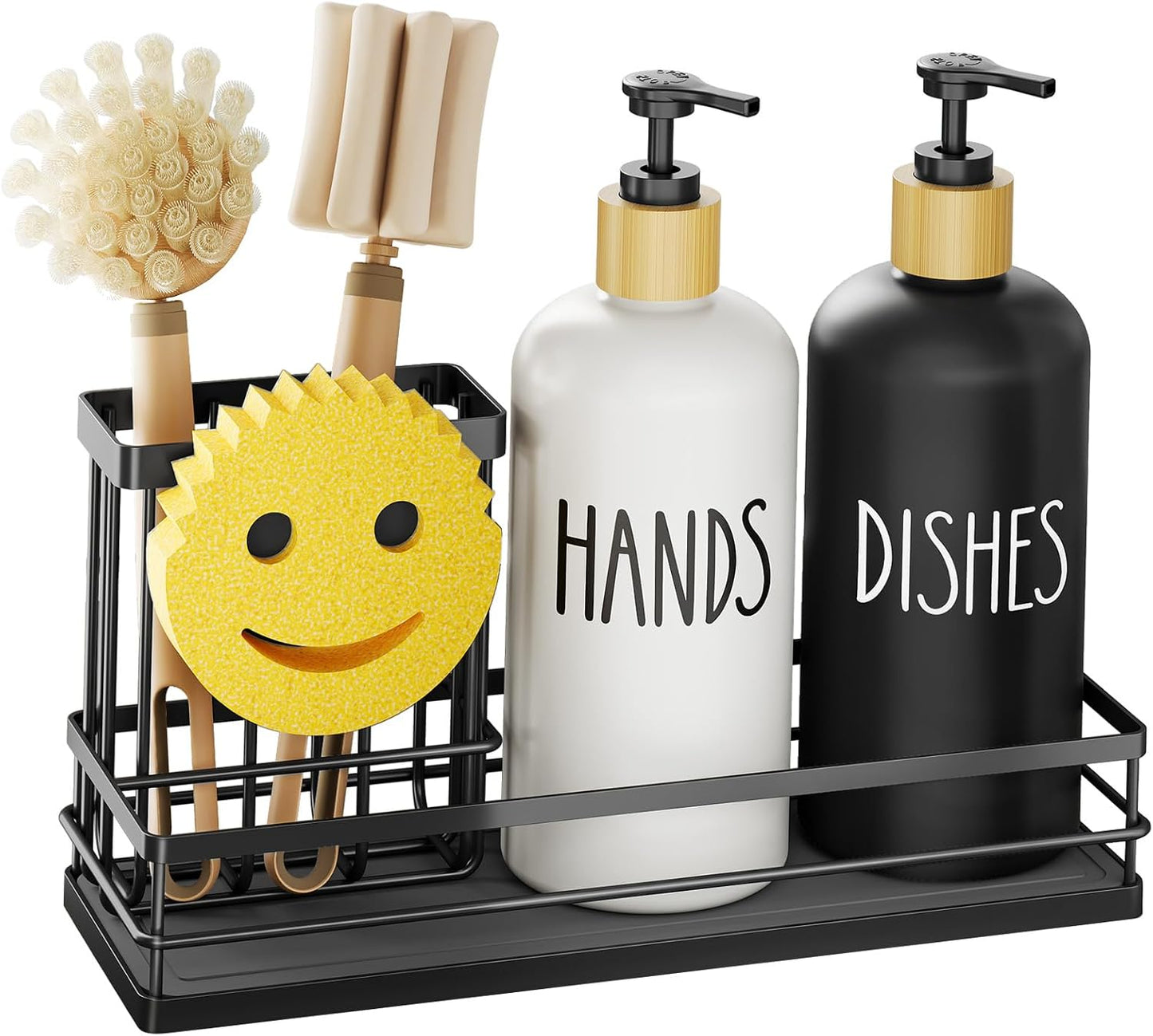 Moforoco Kitchen Dish Soap Dispenser Set - 16oz Glass Bottle with Non-Slip Silicone Pad & Brush Holder