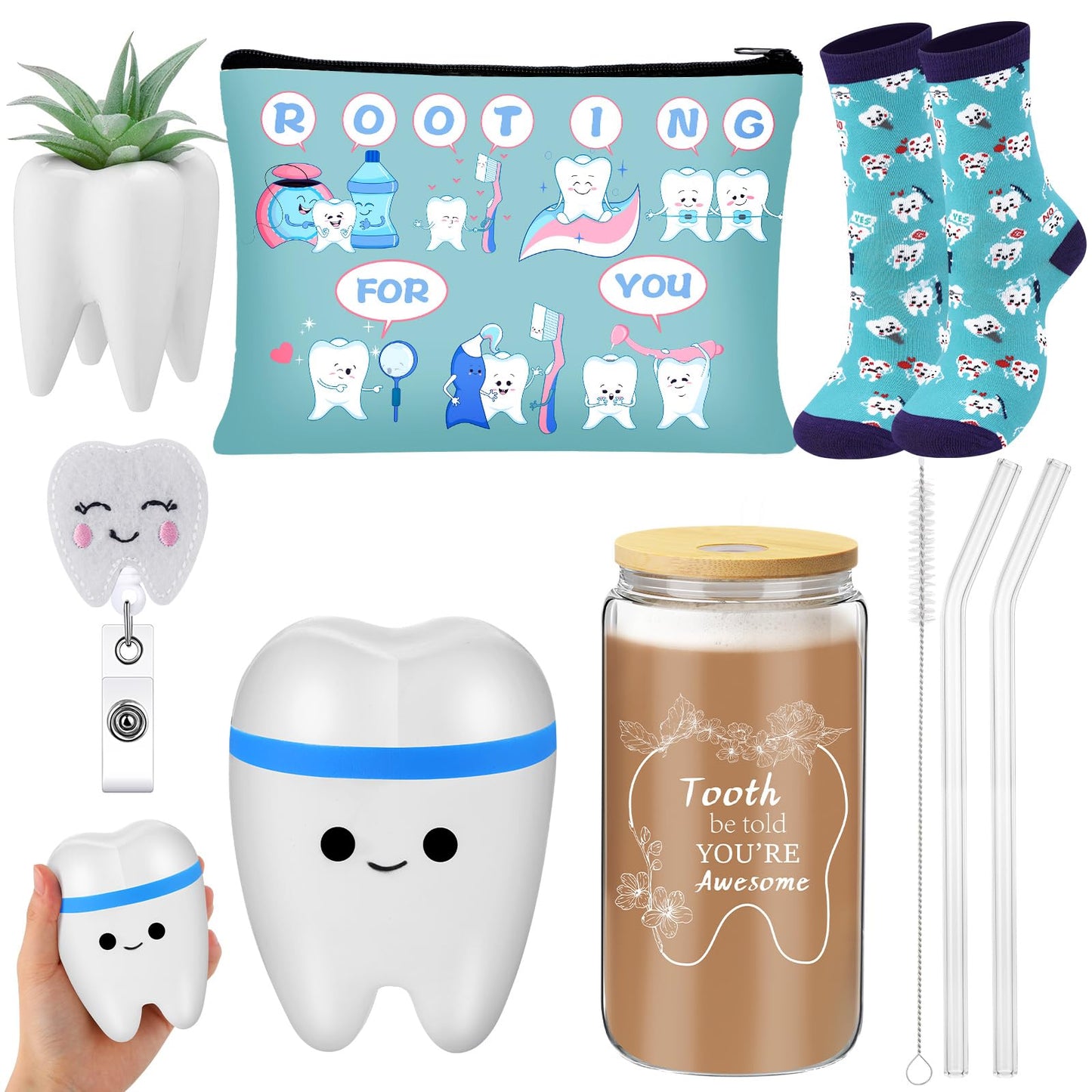 Pickmesh 6 Pcs Nurse Week Appreciation Gifts Dentist Hygienist Gifts 16 oz Glass Cups with Lid Makeup Bag Socks Badge Holder Tooth Brush Pot for Women Doctor Nurse Appreciation Accessories(Blue)