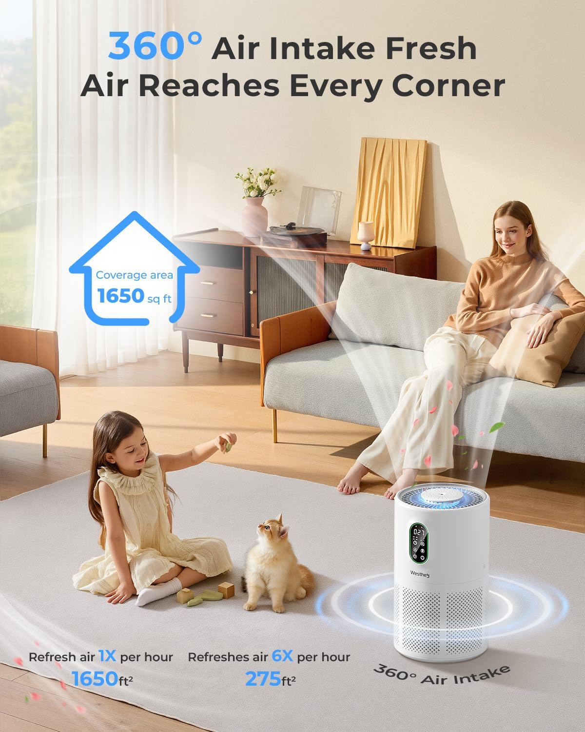 WESTHEY H13 True HEPA Air Purifier - Large Room Coverage Up to 1650 ft² | Night Light & Air Quality Monitor