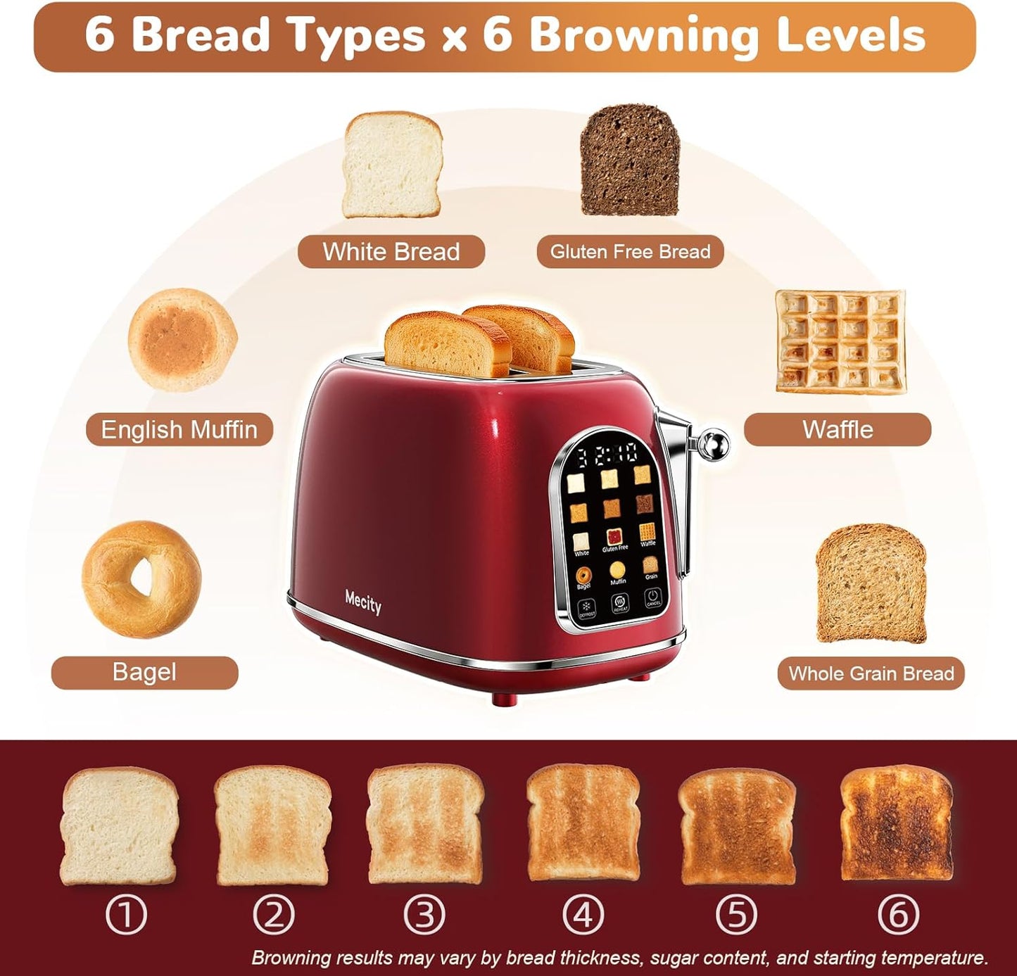 Mecity Toaster - 2 Slice Retro Touch Screen Toaster for Bread, Bagels & Muffins | Red Pearl, 120V 825W