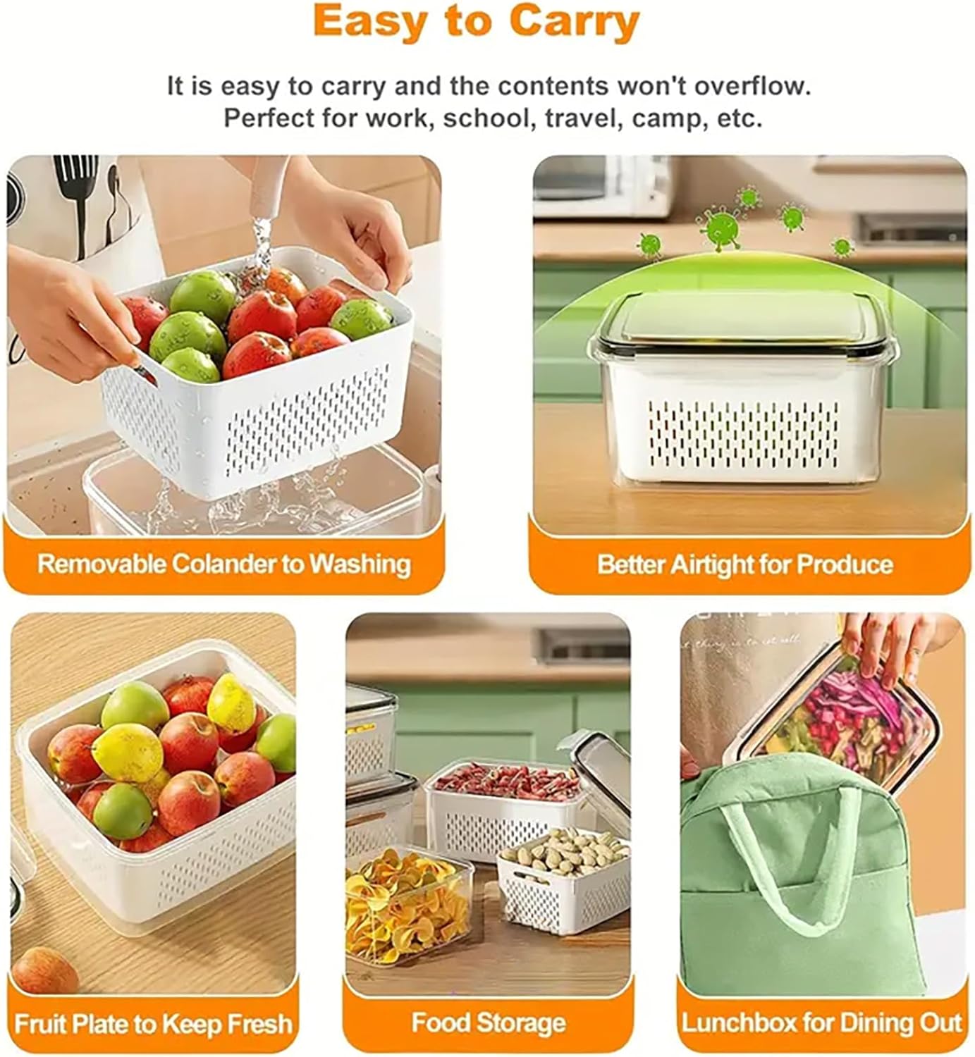 Skiennix 3-Piece Fruit Containers - Airtight Storage with Removable Colanders & Lids | Dishwasher & Microwave Safe
