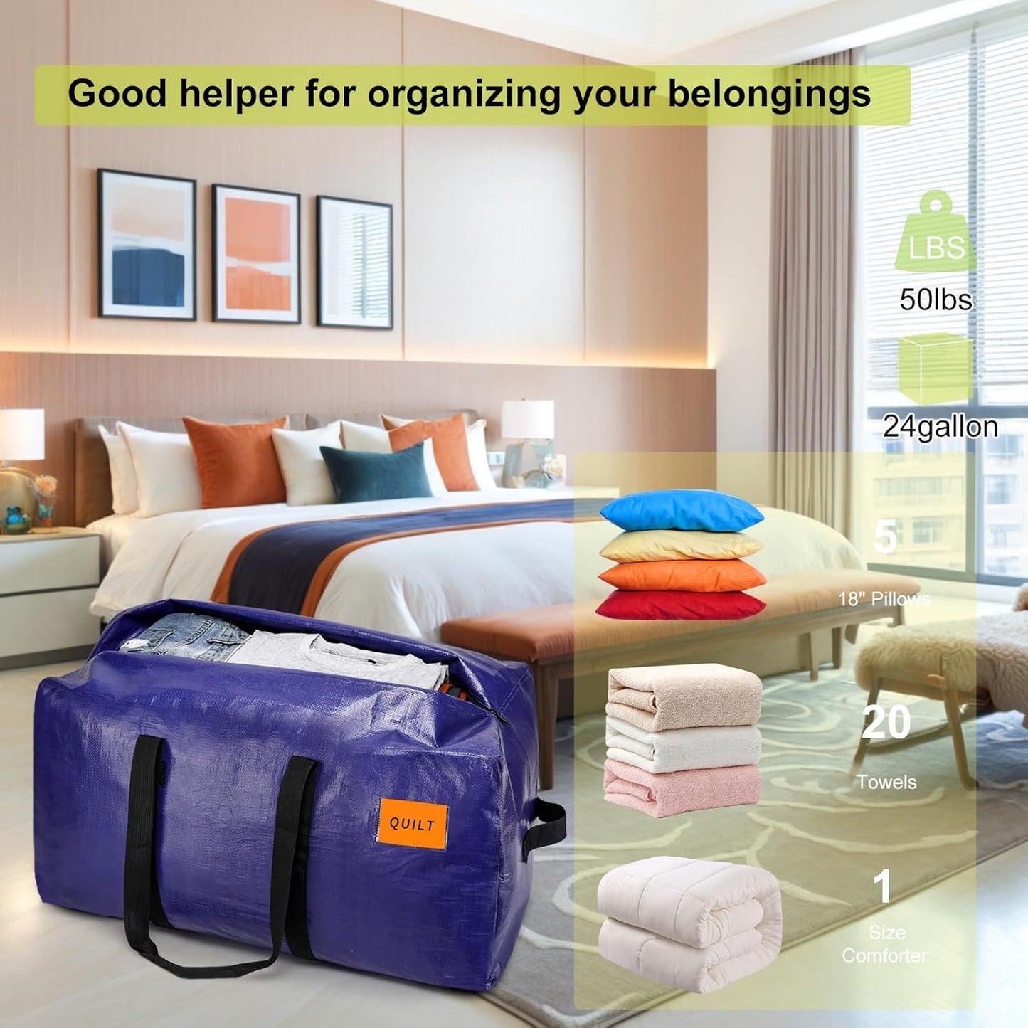 Skiennix Heavy-Duty Moving Bags - Extra Large Storage Totes with Zippers & Sturdy Handles - 6 Pack, Blue