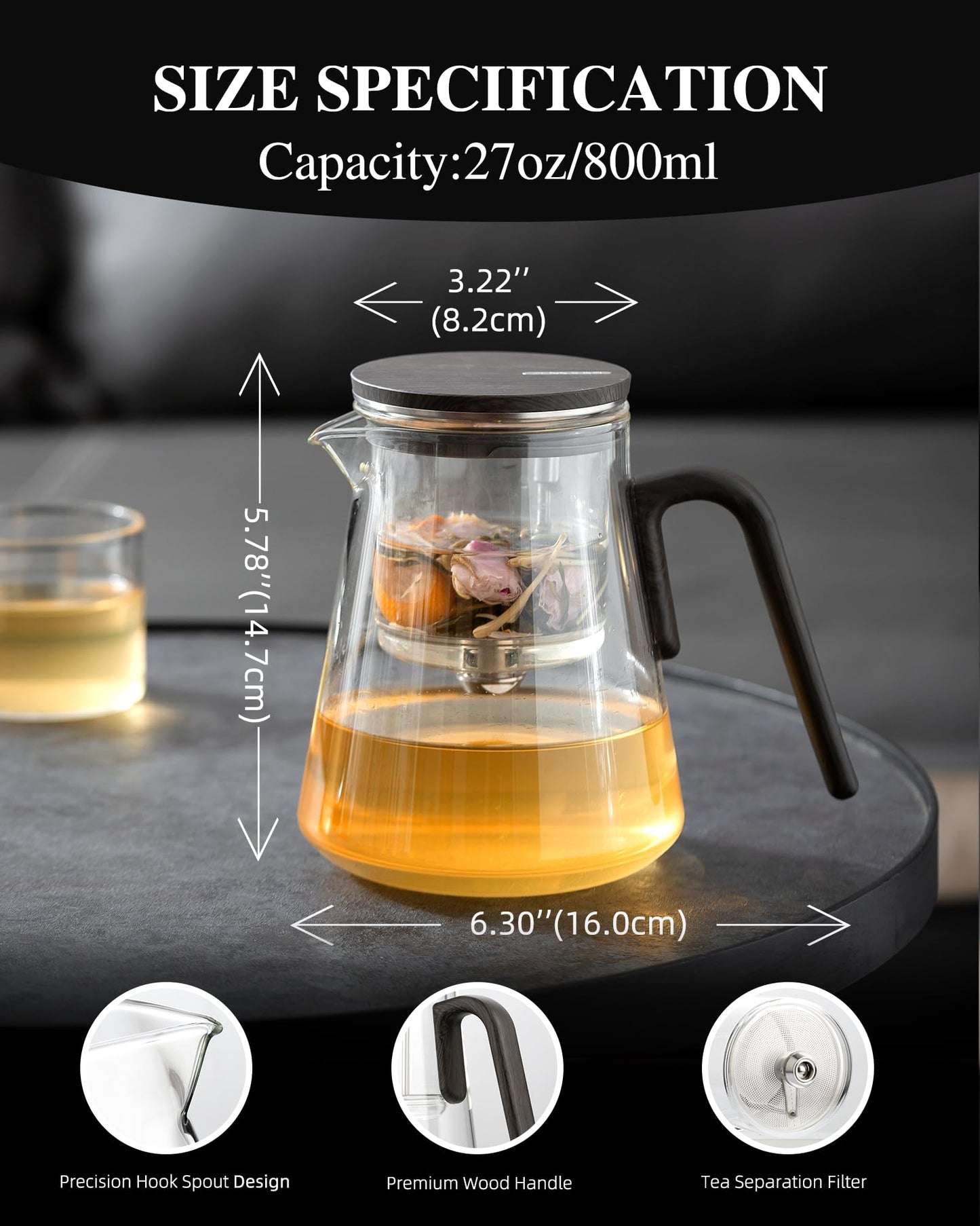 ZENS Enchanted Tea Pot with Magnetic Lid, Magic Glass Teapot with Infuser for Loose Leaf Tea Steeper, Mess-Free Herbal Tea Maker, Tea Diffusers for Tea Lovers Ideal Gifts, 27oz/800ml