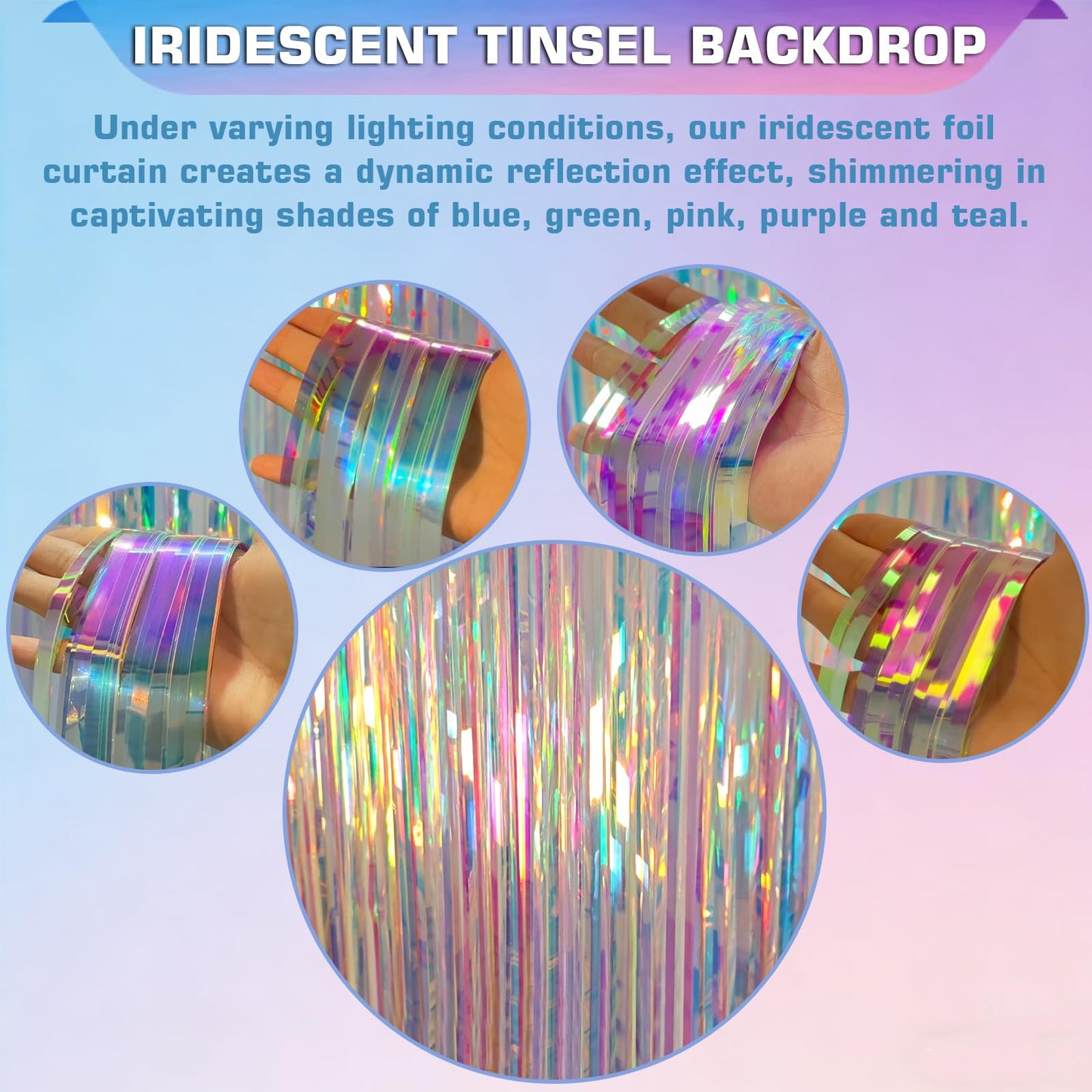 Melsan Iridescent Foil Fringe Backdrops Party Decorations - 3.2 x 6.56 ft Metallic Tinsel Photo Backdrop Curtains for Ocean Princess Birthday Parties - Iridescent 2 Packs