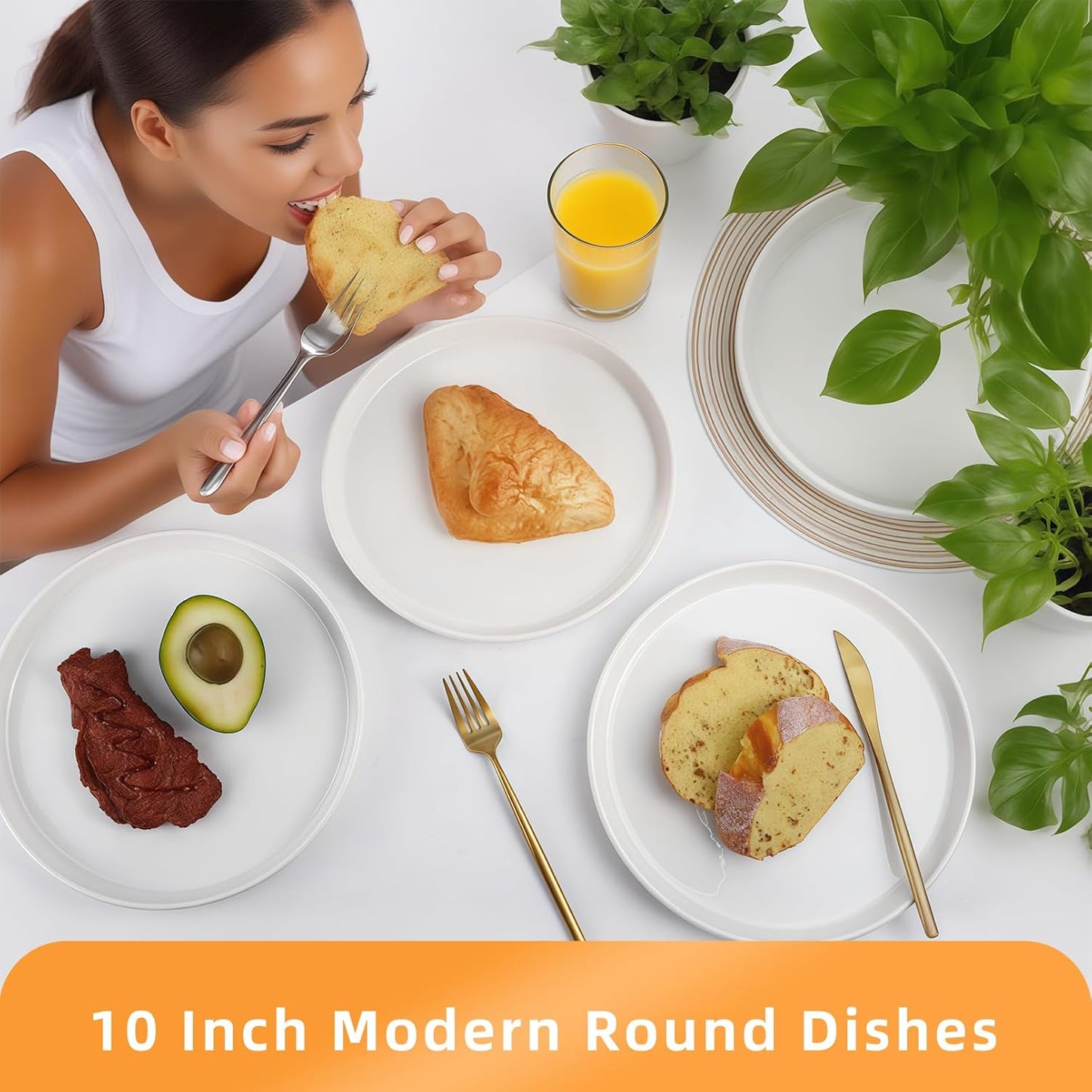 Skiennix White Dinner Plates Set of 6 - 10 Inch Porcelain Dessert & Salad Plates | Microwave & Dishwasher Safe