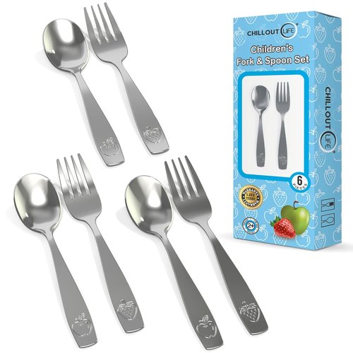 Chillout Life Stainless Steel Kids Silverware Set - 6-Piece Child Safe Utensil Set | Includes 3 Spoons & 3 Forks