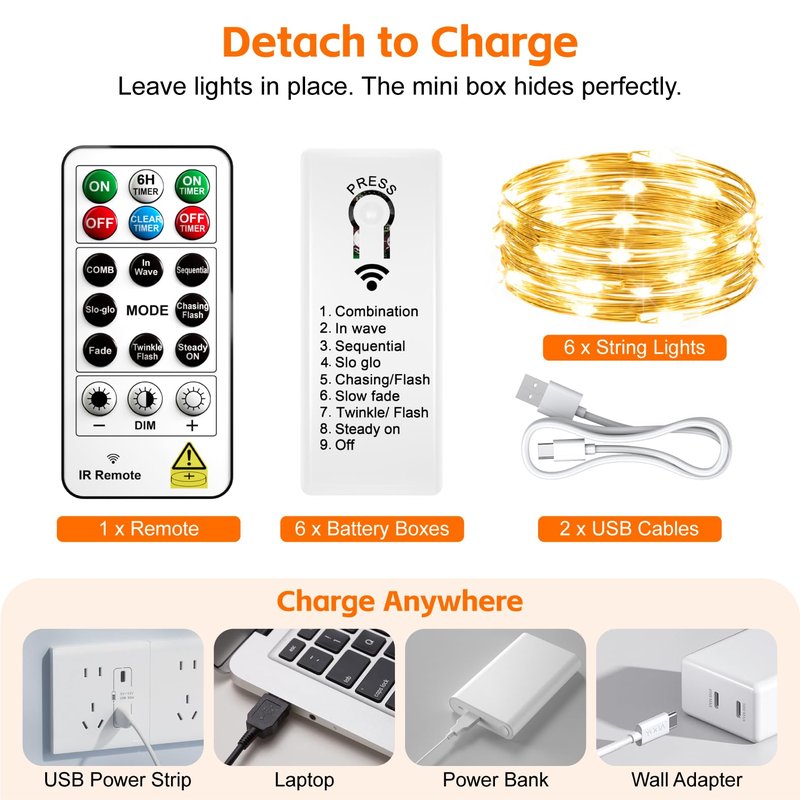 SINAMER 6 Pack Rechargeable Fairy Lights with Remote & DIY Timer, 7ft 20LED Dimmable Silver Wire String Light for Mason Jar, Mini Twinkle Lights for Indoor Christmas Bedroom Wedding Decor, Warm White