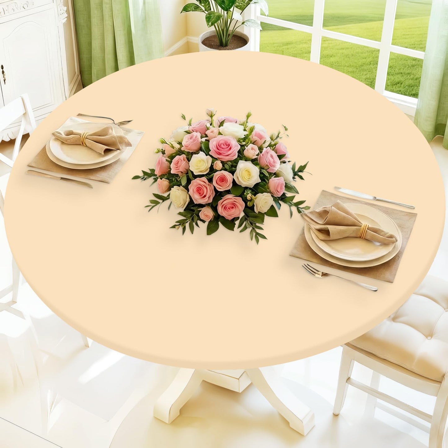 Moosfor Round Spandex Tablecloth, Elastic Fitted Waterproof Tablecloths for 18"-24" Tables, Stretch Washable Picnic Table Cover for Camping, Dining, Indoor and Outdoor,Ivory
