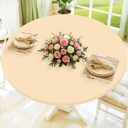 Moosfor Round Spandex Tablecloth, Elastic Fitted Waterproof Tablecloths for 57"-68" Tables, Stretch Washable Picnic Table Cover for Camping, Dining, Indoor and Outdoor,Ivory