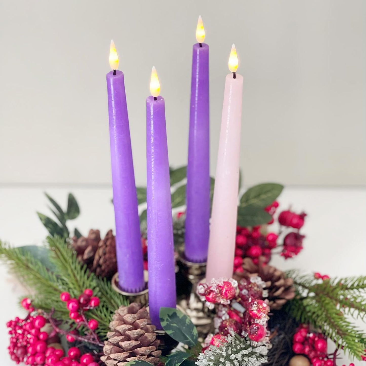 LampLust Flameless Taper Candles - Set of 4 Purple & Pink 9-Inch LED Advent Candles with Remote | Spring Decor & Centerpiece