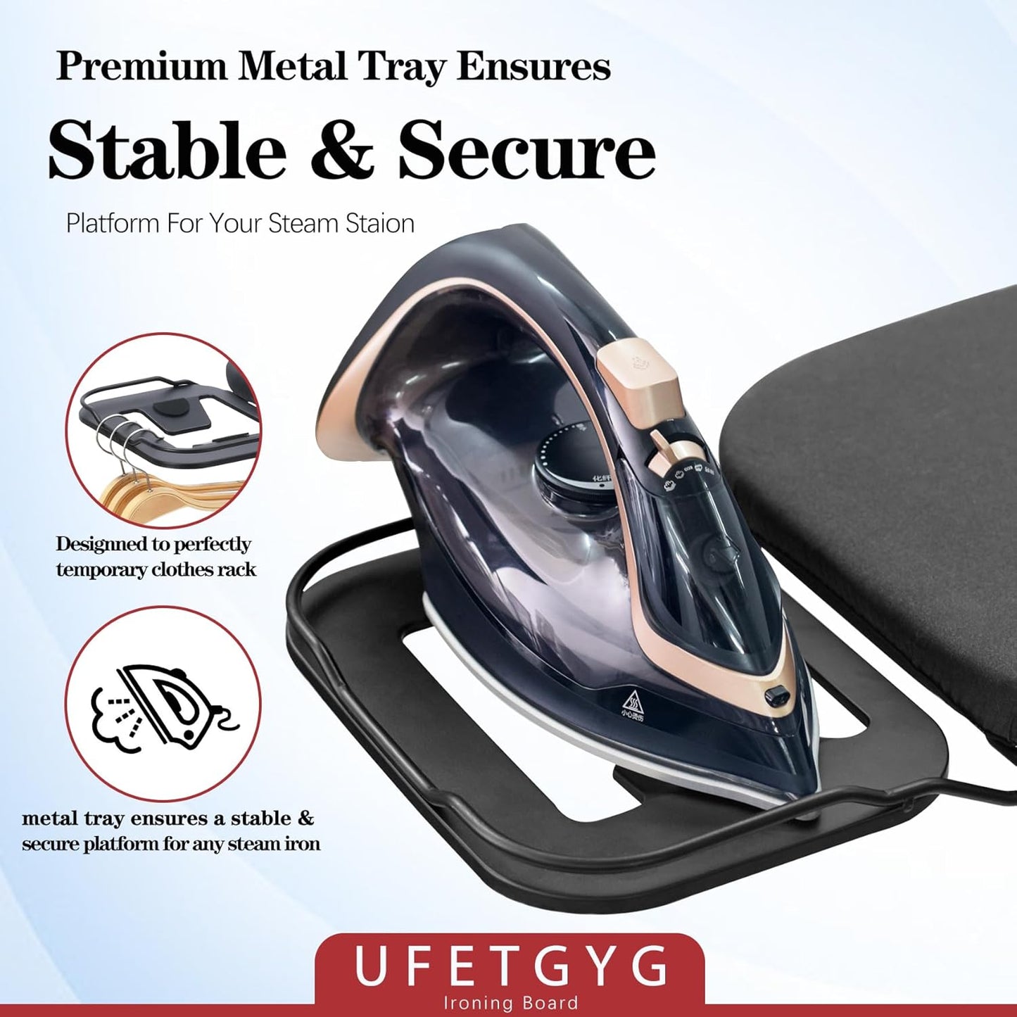 UFETGYG Ironing Board - Height Adjustable Metal Panel | 43" X 13" | Heat Resistant Fabric & Iron Rest