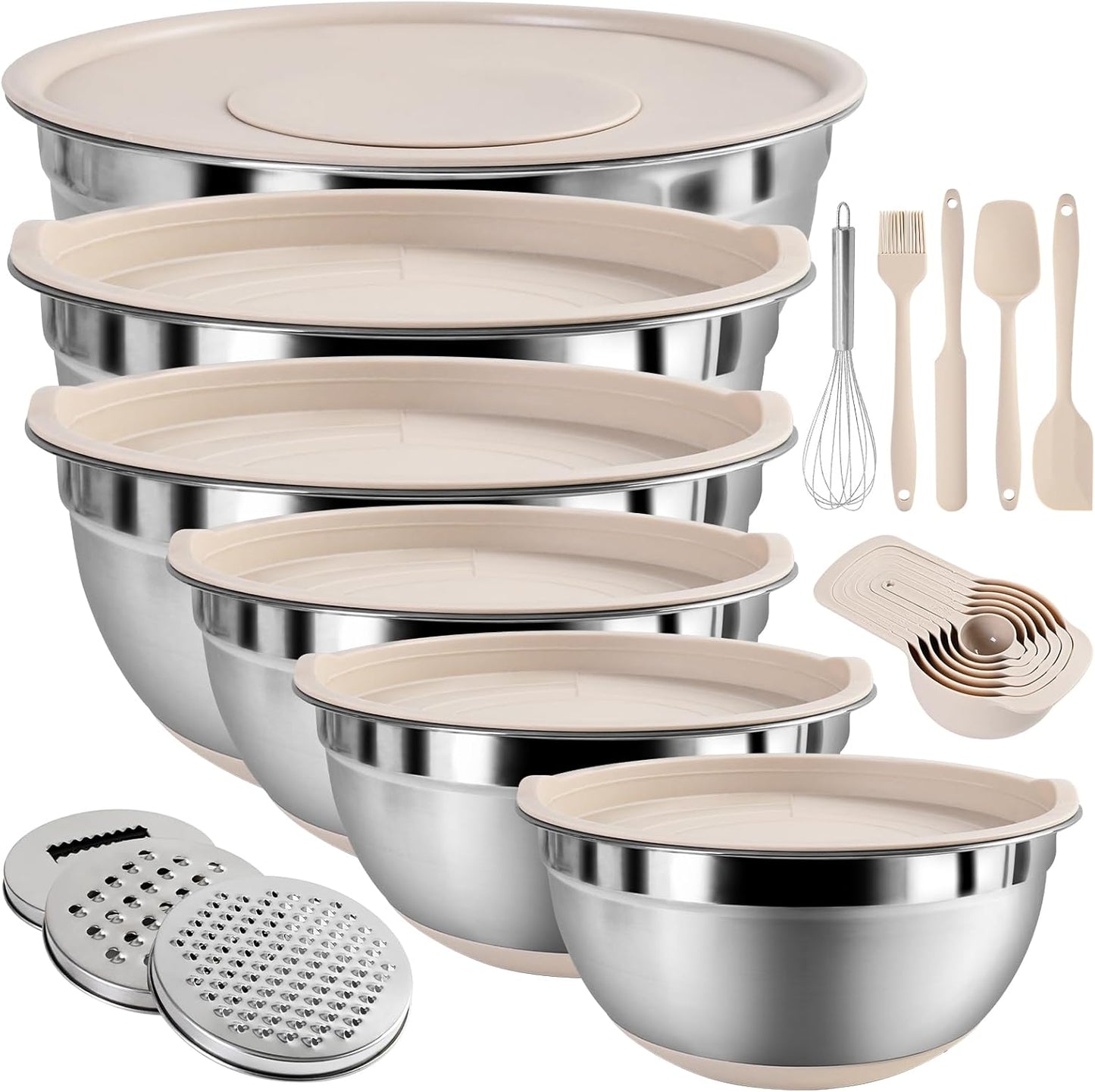 Regine Switzerland Mixing Bowls Set - 20 PCS Kitchen Gadgets with Airtight Lids & Non-Slip Silicone Bottoms | Stainless Steel & Grater Attachments, Khaki