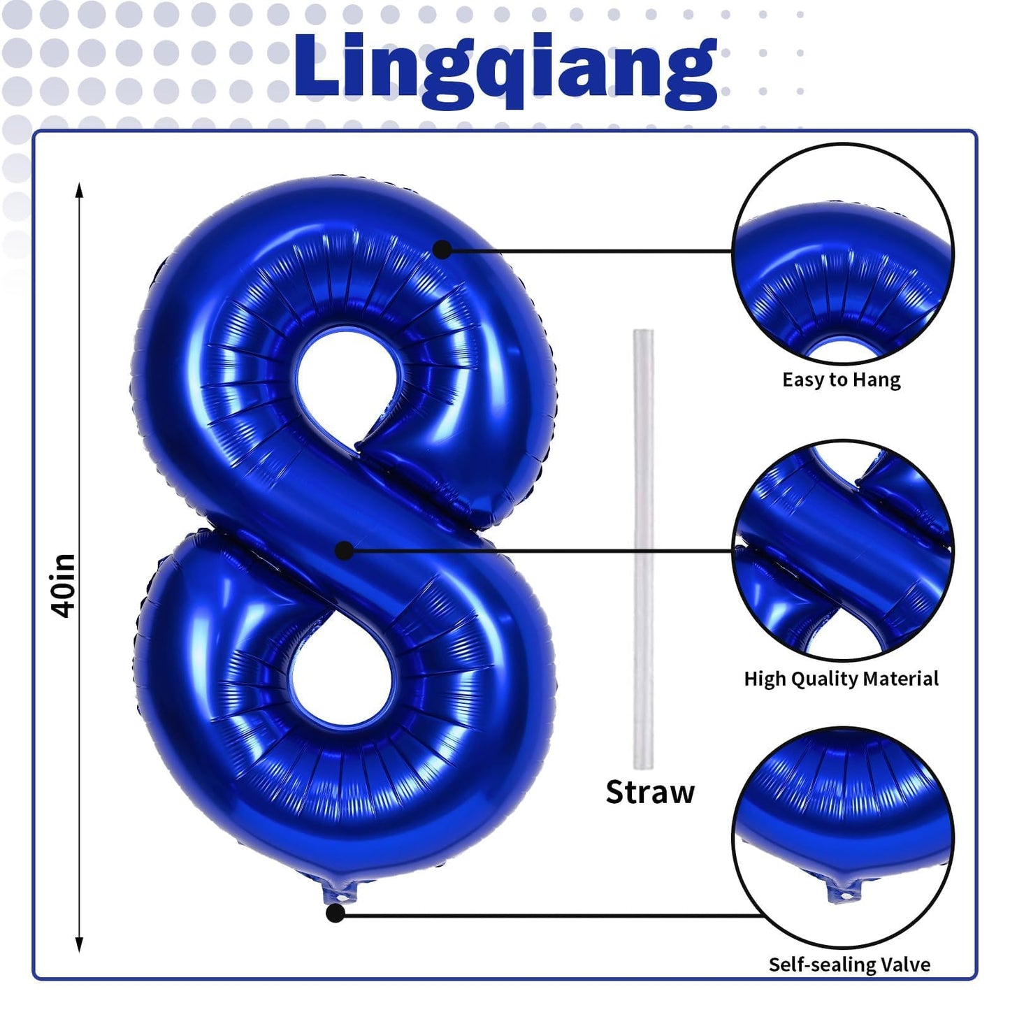 Navy Bluen Balloon Number 8, 40 Inch Large Self Inflating Royal Blue Foil Number Balloons 0-9, Dark Blue Digital 8 Helium Balloon for 8th Boys Men Birthday Party Anniversary Decorations