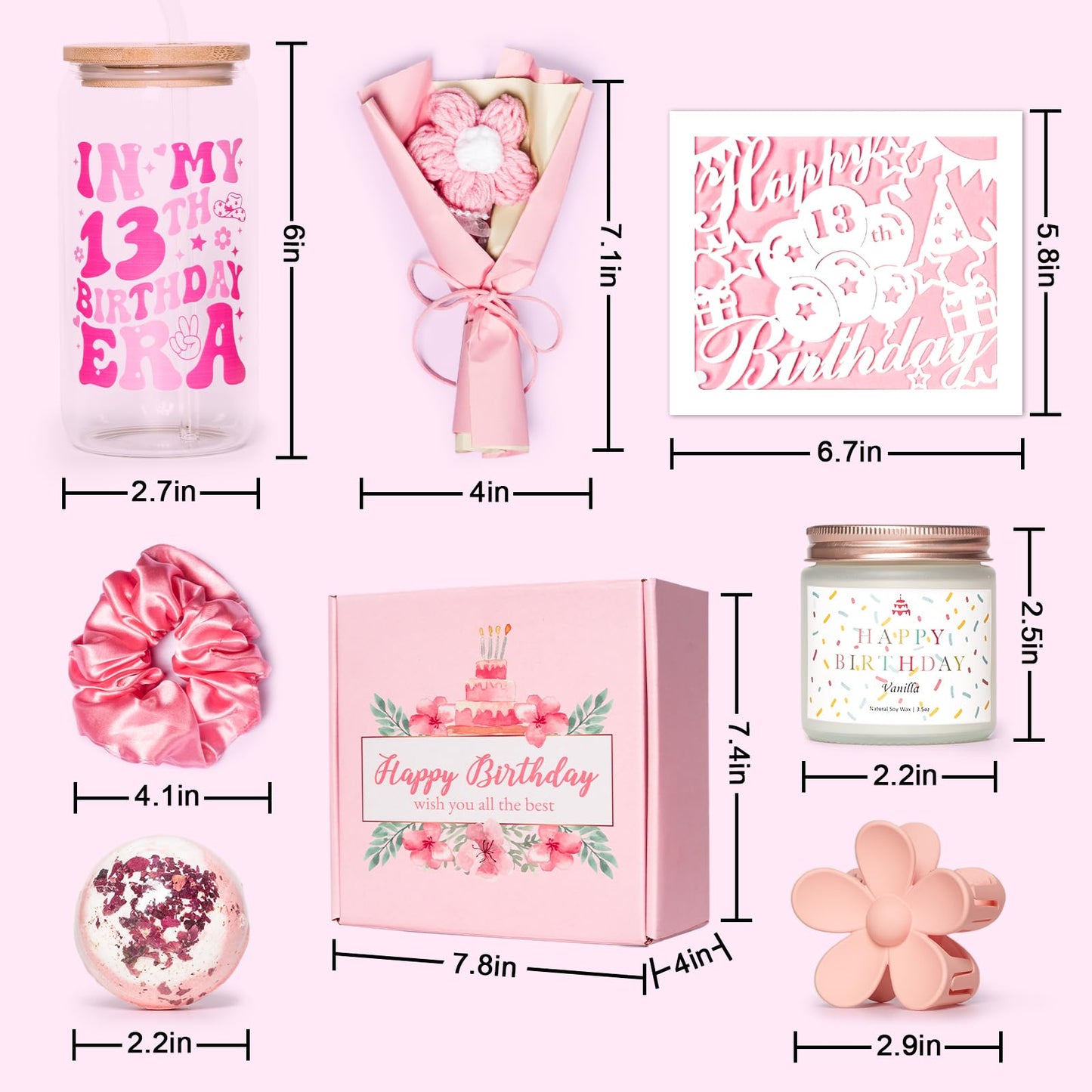 XGFYYMM 13th Birthday Gifts for Girls, 13 Year Old Gift Ideas for Official Teenager Girl, 7Pcs Happy 13th Birthday Basket Decorations Teen Trendy Stuff, Pink Presents Box for Her, Daughter, Niece