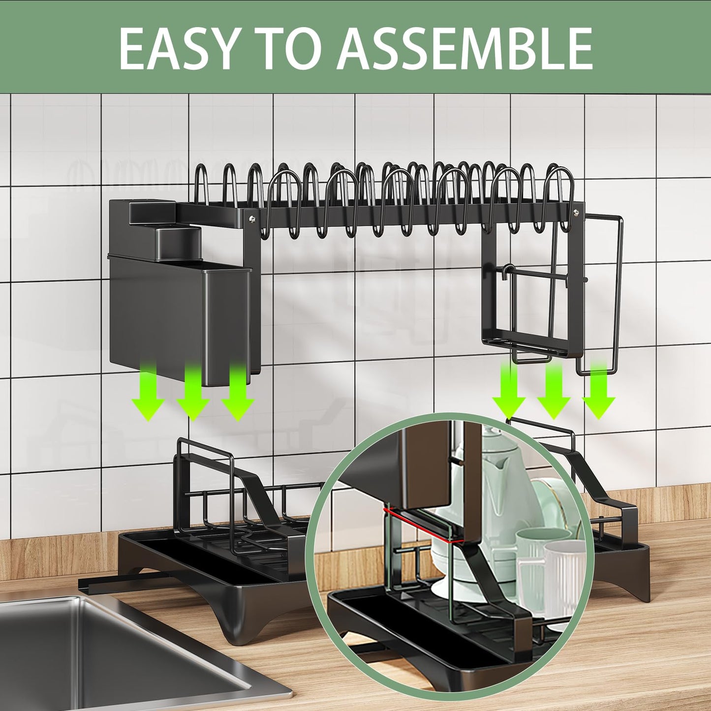 BOOLKER Dish Drying Rack, 2 Tier Dish Racks for Kitchen Counter, Detachable Dish Drainer Organizer with Utensil Holder, Drying Rack with Drain Board, Black, A Mat for Cutting Board
