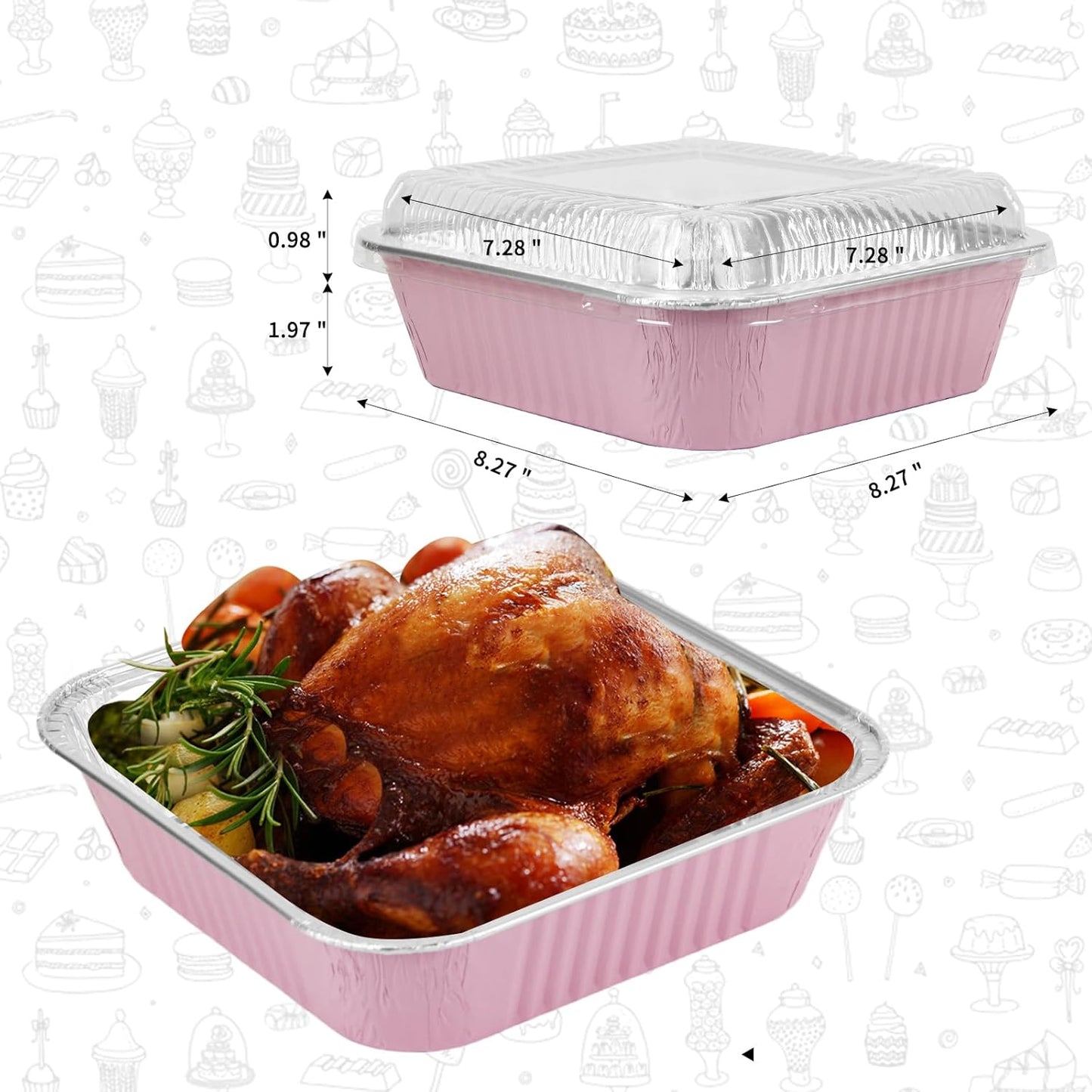 Skiennix 50 Pack Aluminum Pans - 8"x8" Disposable Foil Containers with Plastic Lids for Baking & Storing | Pink