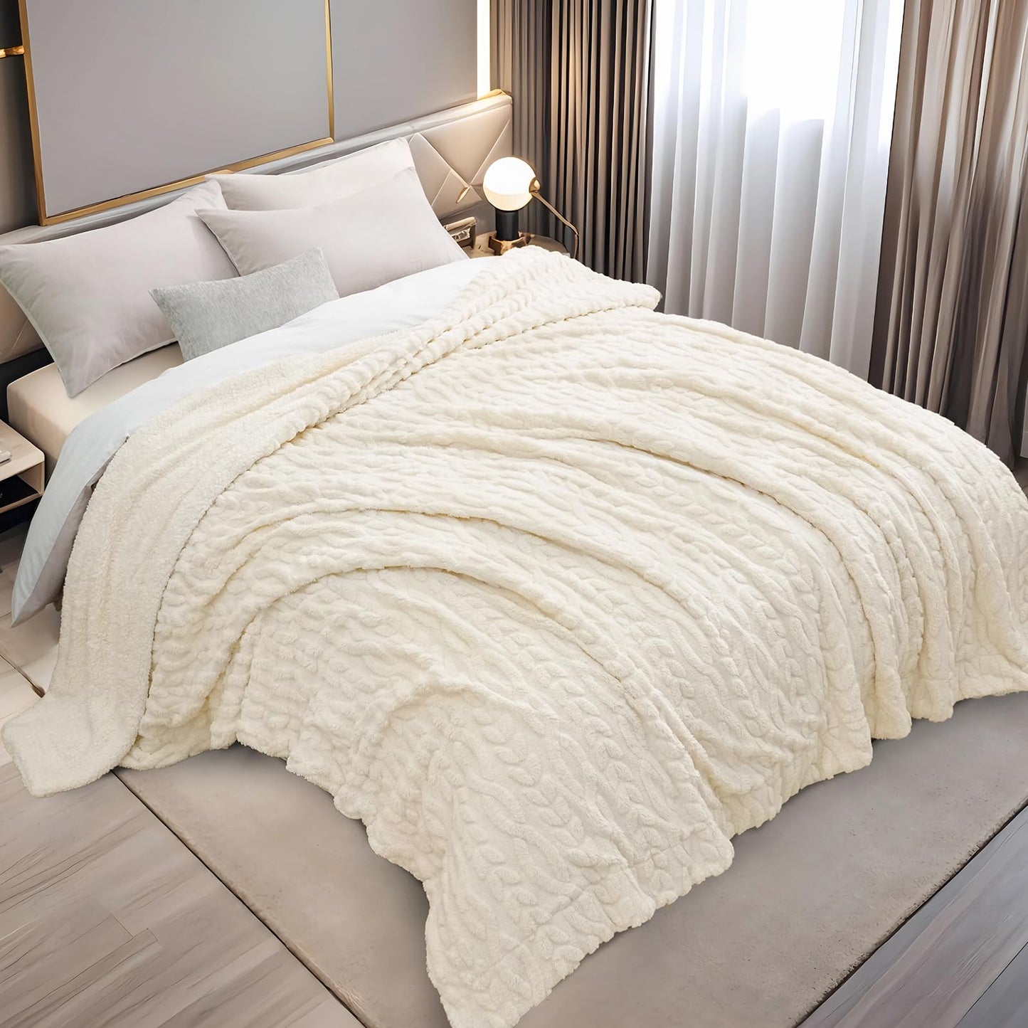 PHF Fluffy Sherpa Blanket King Size for Winter, Warm and Soft, 510GSM 3D Jacquard Thick Shaggy Fleece Plush Blanket for Sofa Bed, Cream, 108"x90"