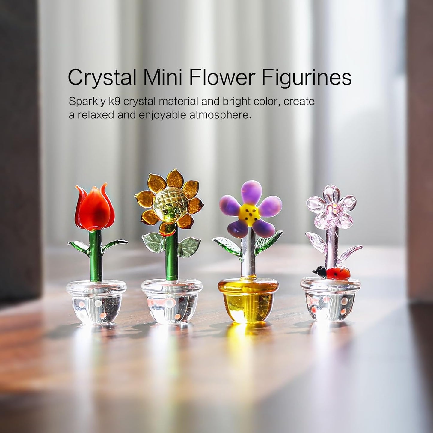 LONGWIN Mini Crystal Flower Figurines - 4pcs Hand Blown Glass Spring Bouquet | Lucky Home Decor Gift for Any Occasion