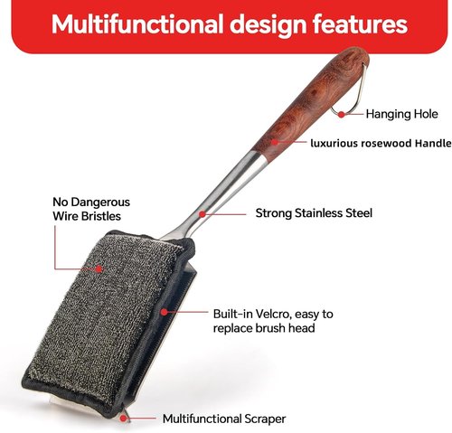 Bristle-Free Grill Brush Kit - Luxurious Long Rosewood Handle & Replacement Head | Safe BBQ Cleaning Tool