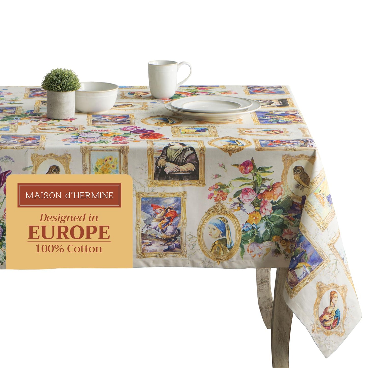 Maison d' Hermine Table Cloth Square Table 100% Cotton 60 x 60 Inches Tablecloth Reusable Decorative for Dining Kitchen Room Farmhouse Home Gifts for Mothers Day Spring Summer - Masterpiece