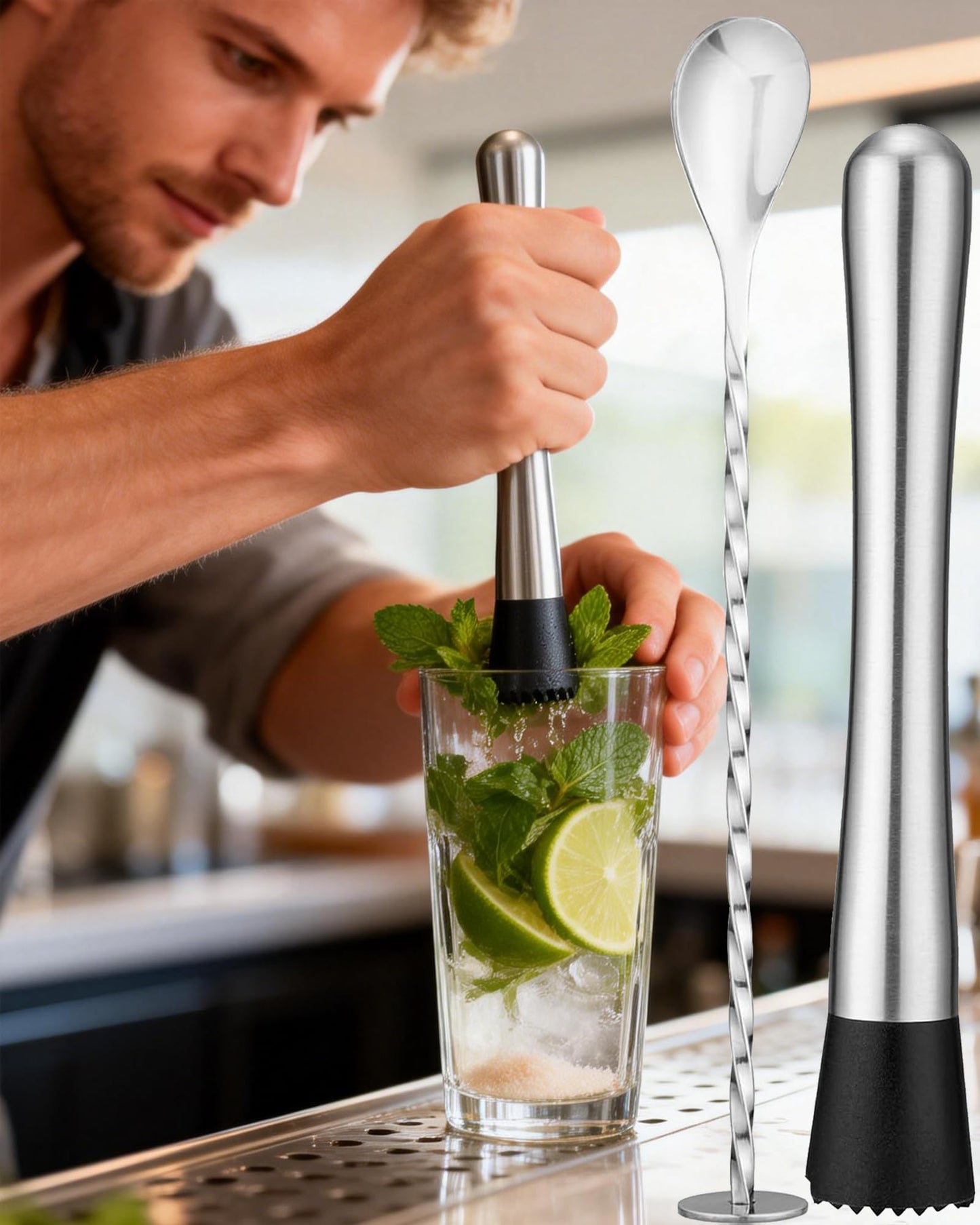 Stainless Steel Cocktail Muddler & Mixing Spoon Set — 10 Inch Bar Tool Kit for Home Bartenders, Ideal for Mojitos, Margaritas, Mint & Fruit Cocktails, Silver