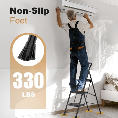 HBTower 3 Step Ladder - Ergonomic Folding Step Stool with Cushioned Handle & Wide Pedal | Black