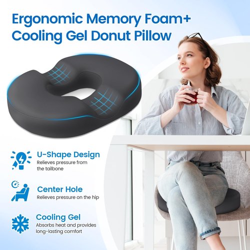 Donut Pillow Seat Cushion - Cooling Gel Donut Chair Cushions, Memory Foam Seat Cushion for Office & Home, Car Seat Cushion and Butt Pillow, Hemorrhoids Pillow and Tailbone Pain Relief, Grey