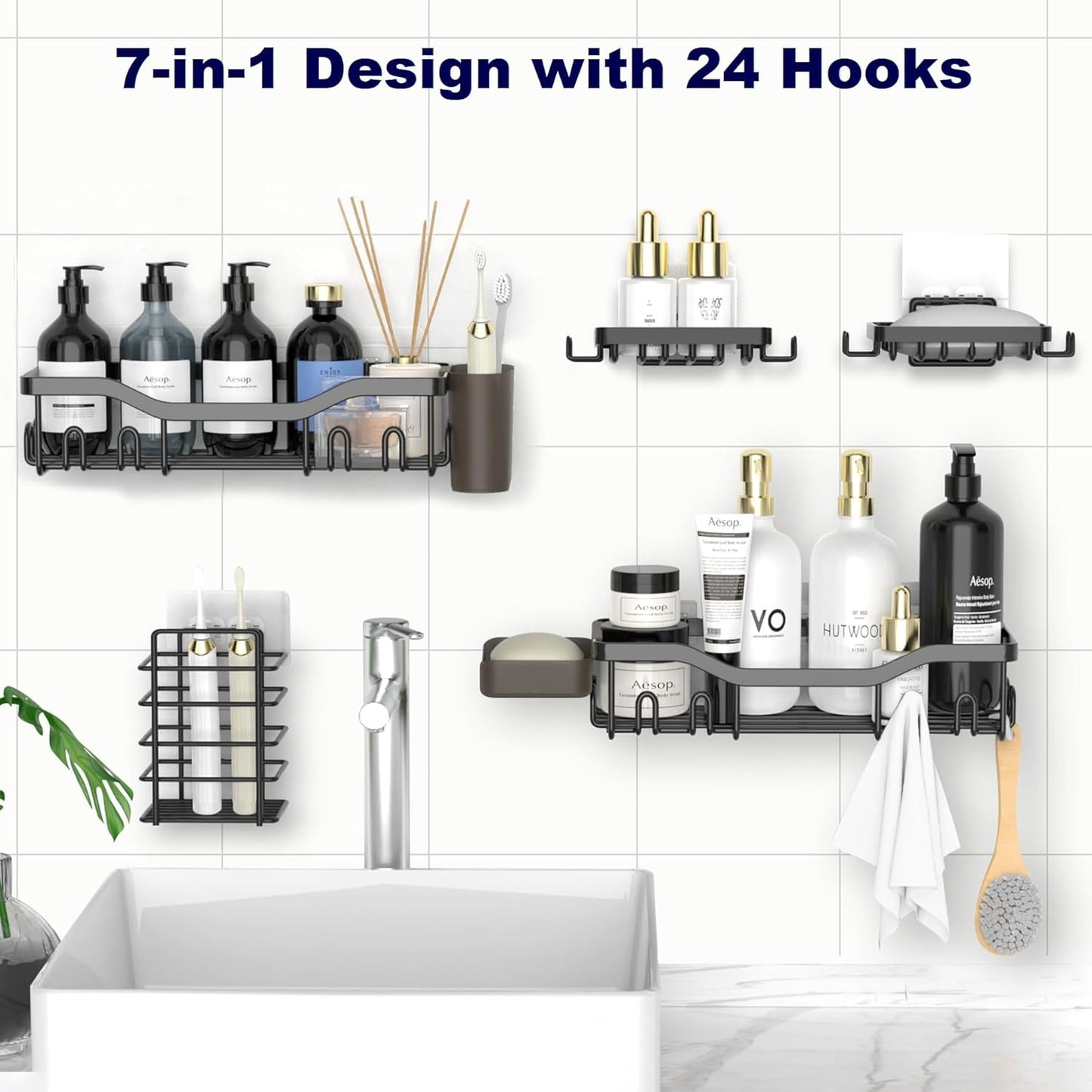 NESOMI Shower Caddy - Adhesive Organizer with Rustproof Stainless Steel | 7-Pack Large Capacity Storage Accessories