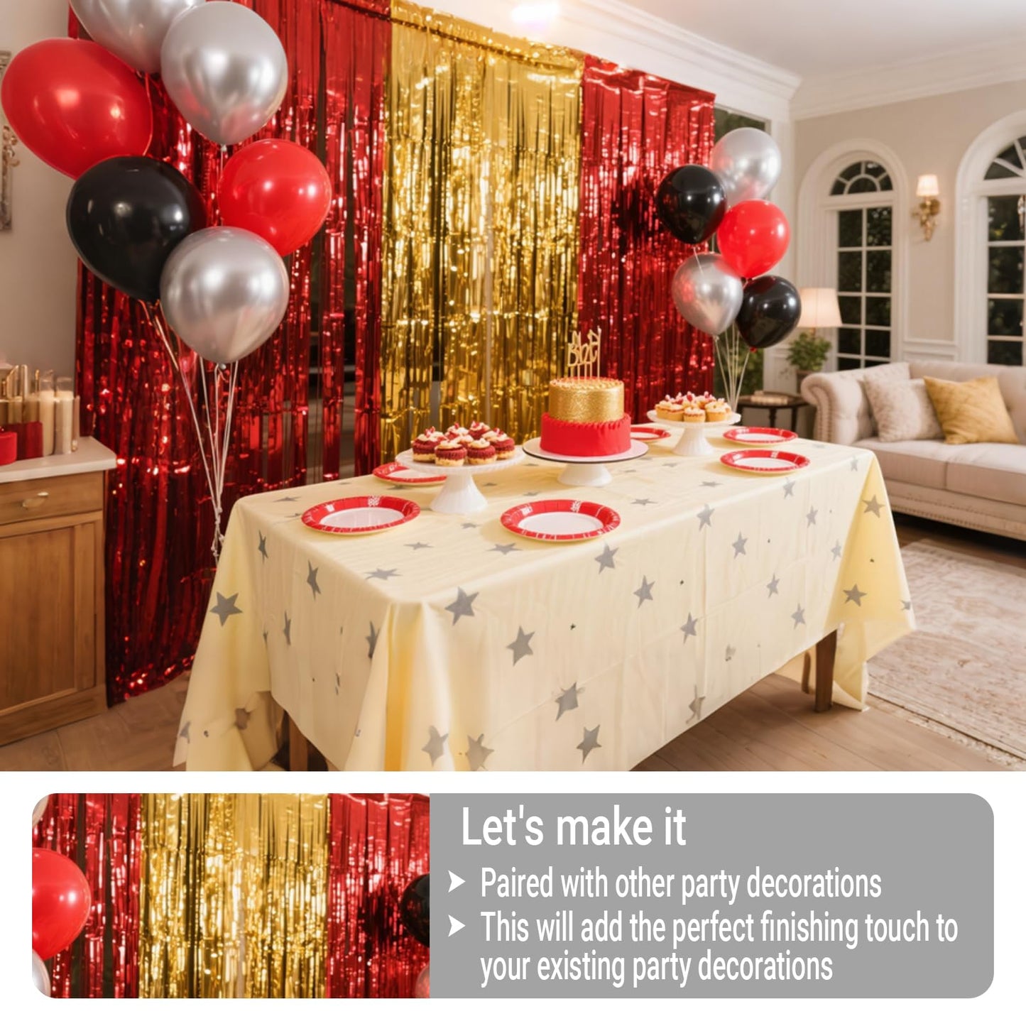 3 Packs Red Gold Foil Fringe Curtains Extra Wide 9.9ft for Birthday Party Tinsel Backdrop Movie Night Decor Farewell Party Streamer,Retirement Decorations, Backdrop for Graduations Each 3.3 x 6.5 ft