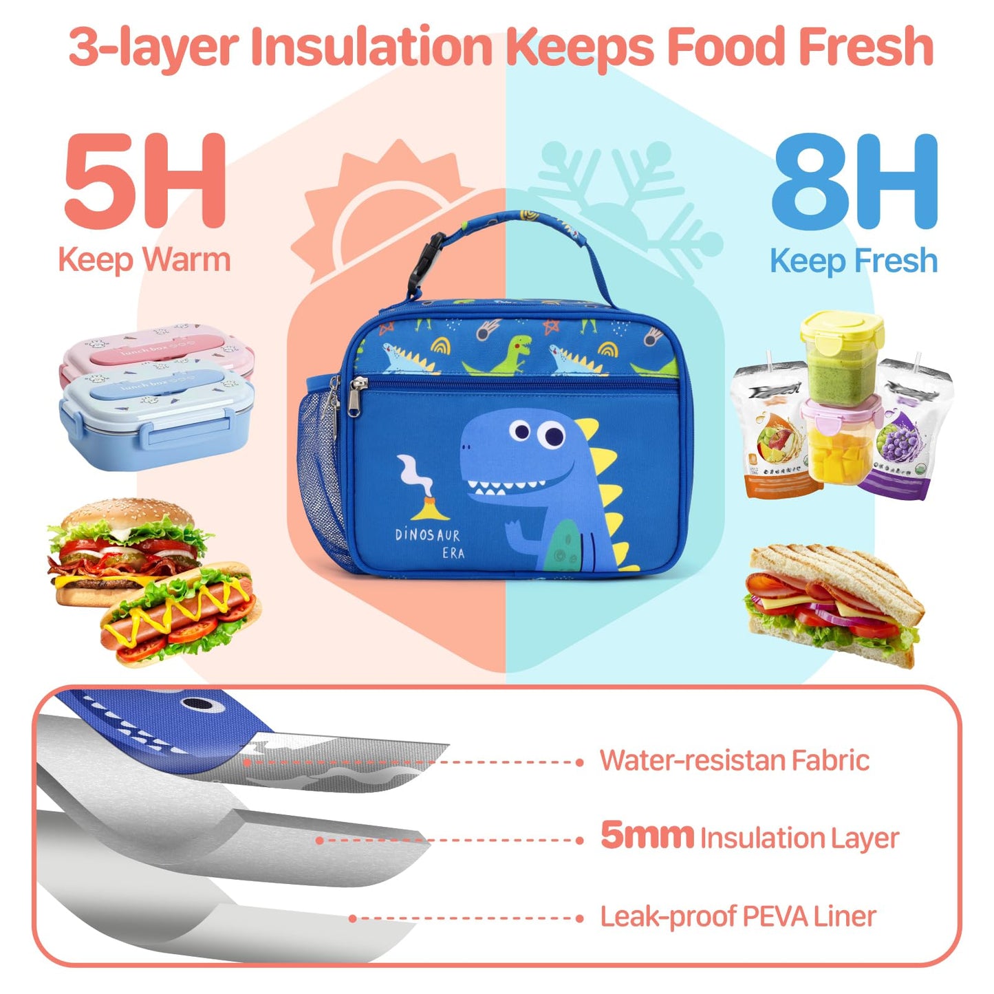 BrainyBees Insulated Kids Lunch Bag - Reusable Boys Lunch Box with Water Bottle Holder Toddler Lunch Tote Bag for Daycare and School, Easy to Clean, Blue Cute Dinosaur