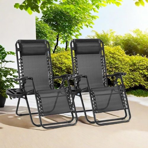 GlasFlength Zero Gravity Lounge Chair Set of 2 - Adjustable Folding Mesh Outdoor Recliners with Pillow & Cup Holders | Black