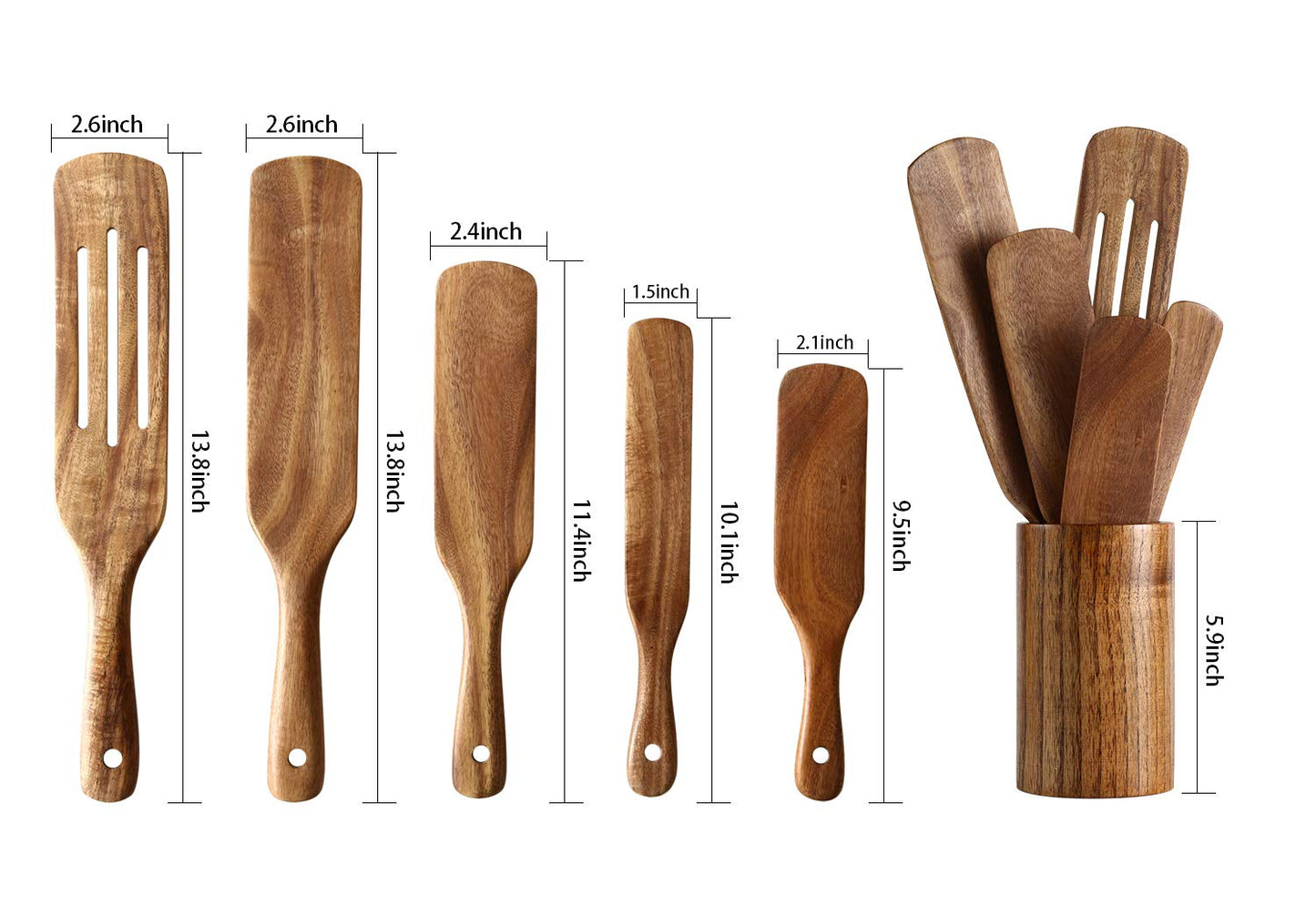 NAYAHOSE Wooden Spurtles Set with Holder, Natural Teak Kitchen Utensil Set of 6, Heat Resistant Non Stick Wood Cookware with Hanging Hole, Wood Spurtles Spatula Sets for Stirring, Mixing, Serving