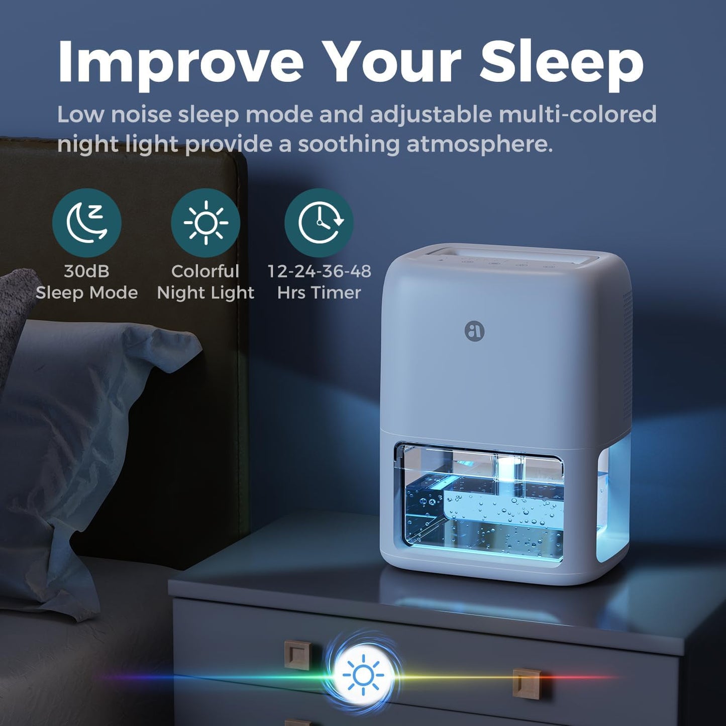 Skiennix 60 OZ Dehumidifier - Quiet Dual-Semiconductor Design with Timer & 7 Color Lights | Portable for Home & RV