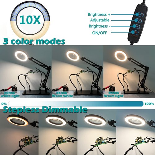 10X Magnifying Glass with Light and Stand, KUVRS Flexible Magnetic Helping Hands, Large Base & Clamp Magnifying Lamp, 3 Color Adjustable Arm Hands Free Magnifier with Light for Soldering Craft Hobby