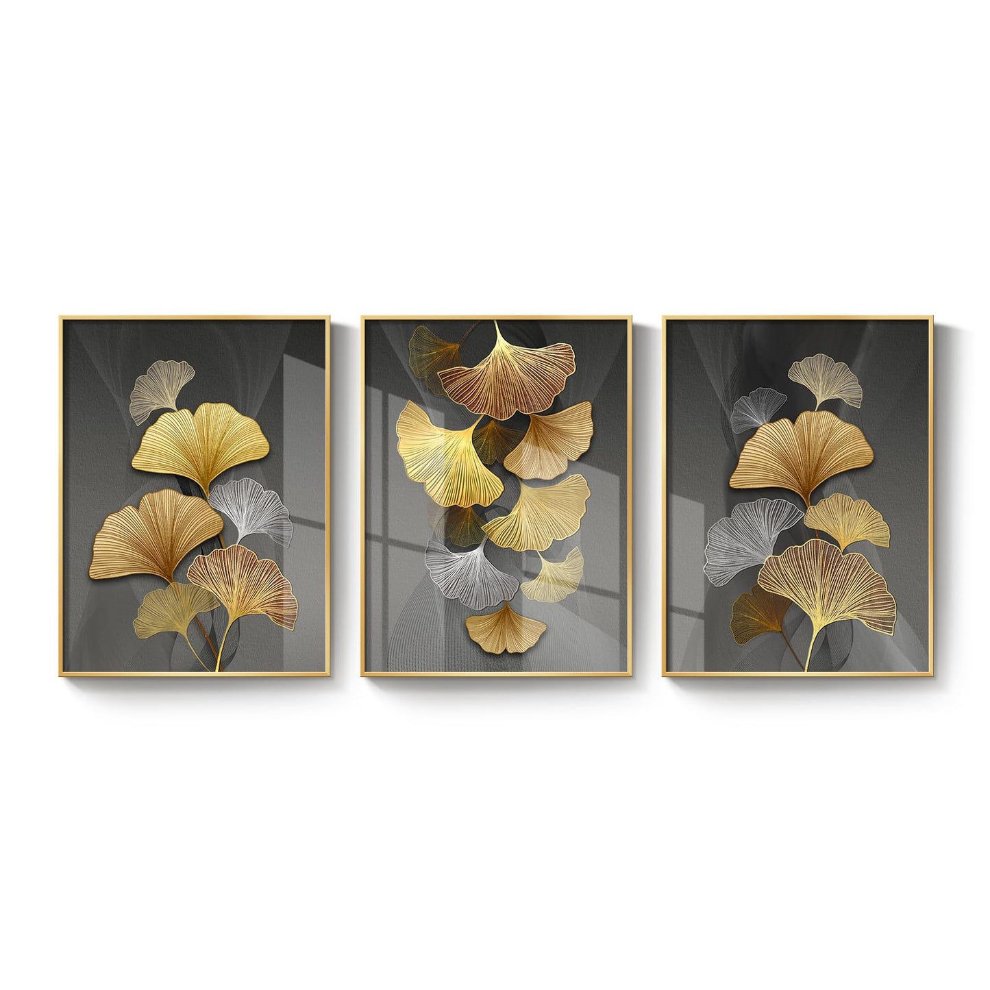 Framed Leaf Wall Art Set -Modern Gold Framed Abstract Leaves Prints Pictures Wall Decor, 3 Piece Minimalist Plant Paintings for Living Room Bedroom Home Office Kitchen and Dining Room Home Decor 12x16