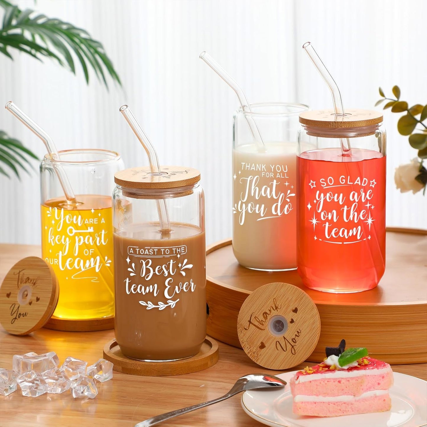 Tioncy 12 Pcs Positive Thank You Gifts for Women Appreciation Teacher Nurse Christian Religous Gifts 16oz Glass Cup with Bamboo Lids Straws Coffee Drinking Jars for Coworker