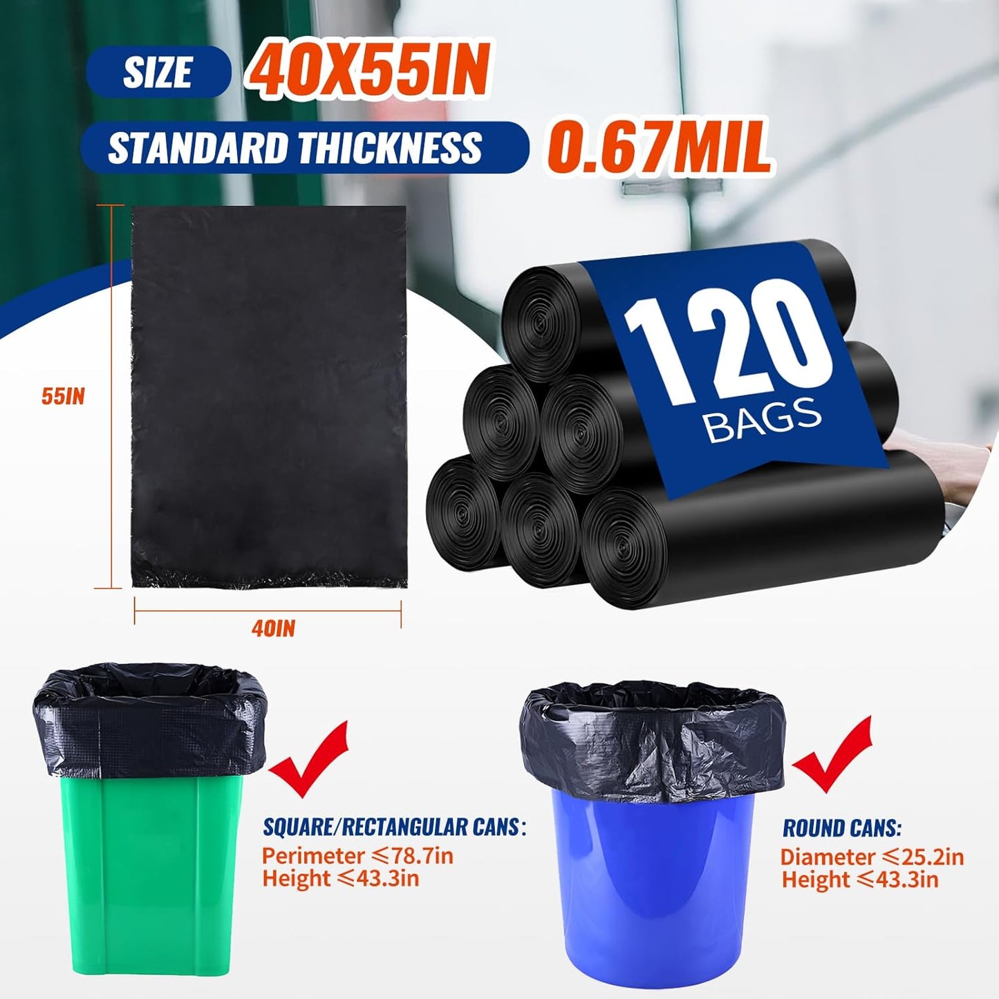Regine Switzerland 120 Count Trash Bags - Tear-Free 55-60 Gallon Black Garbage Bags for Daily Use | Lightweight 17 Micron Design