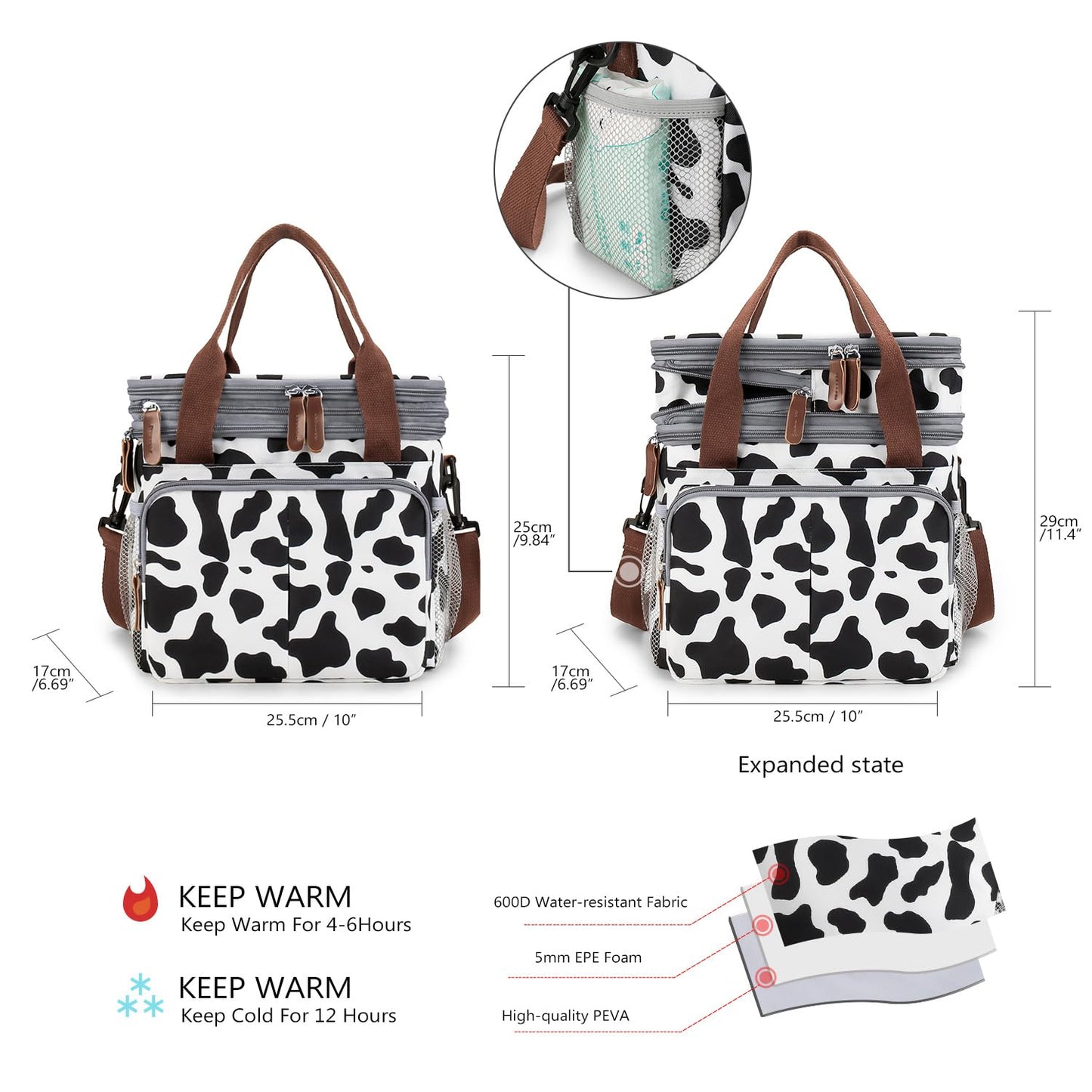 MEYTEILAY Lunch Bag for Women Men Expandable Double Deck Lunch Box Large Lunch Bags Leakproof Insulated Reusable Lunch Cooler Bag（Cow Print）