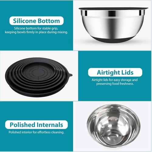 20-Piece Stainless Steel Mixing Bowls Set by [Brand Name] - Airtight Lids, Non-Slip Silicone Bottoms | Perfect for Baking & Serving