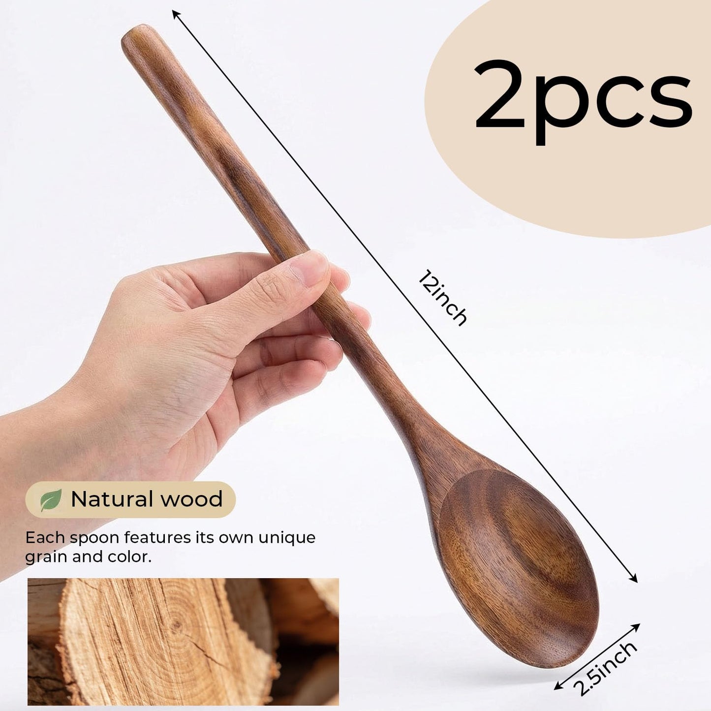 HAKSEN 2PCS Wooden Cooking Spoons, Natural Acacia Wood Kitchen Utensil, 12Inch Large Wooden Mixing Spoons for Nonstick Cookwares, Comfort Grip, Durable, Kitchen Gifts for Women, Cooking Gifts for Men