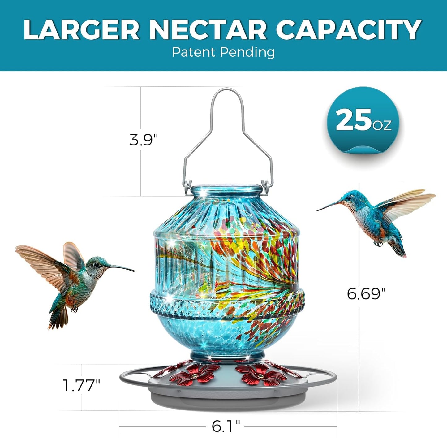 Skiennix Hand Blown Glass Hummingbird Feeder - 25 Ounce Leak-Proof Design with 5 Flower Ports | Blue Garden Decor