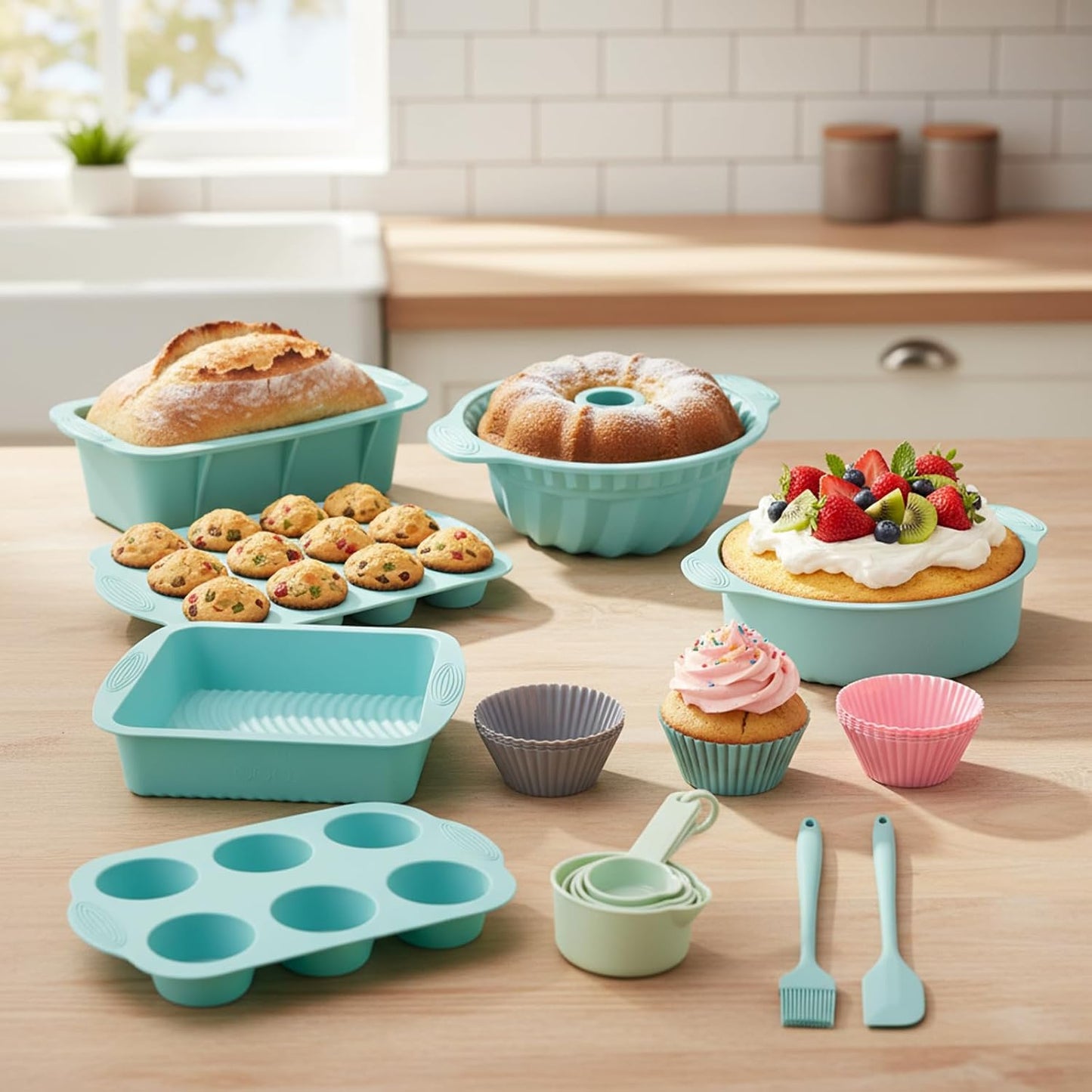 Skiennix 25 PCS Silicone Baking Pans Set - Nonstick Bakeware for Cakes, Muffins & Desserts | Round & Square