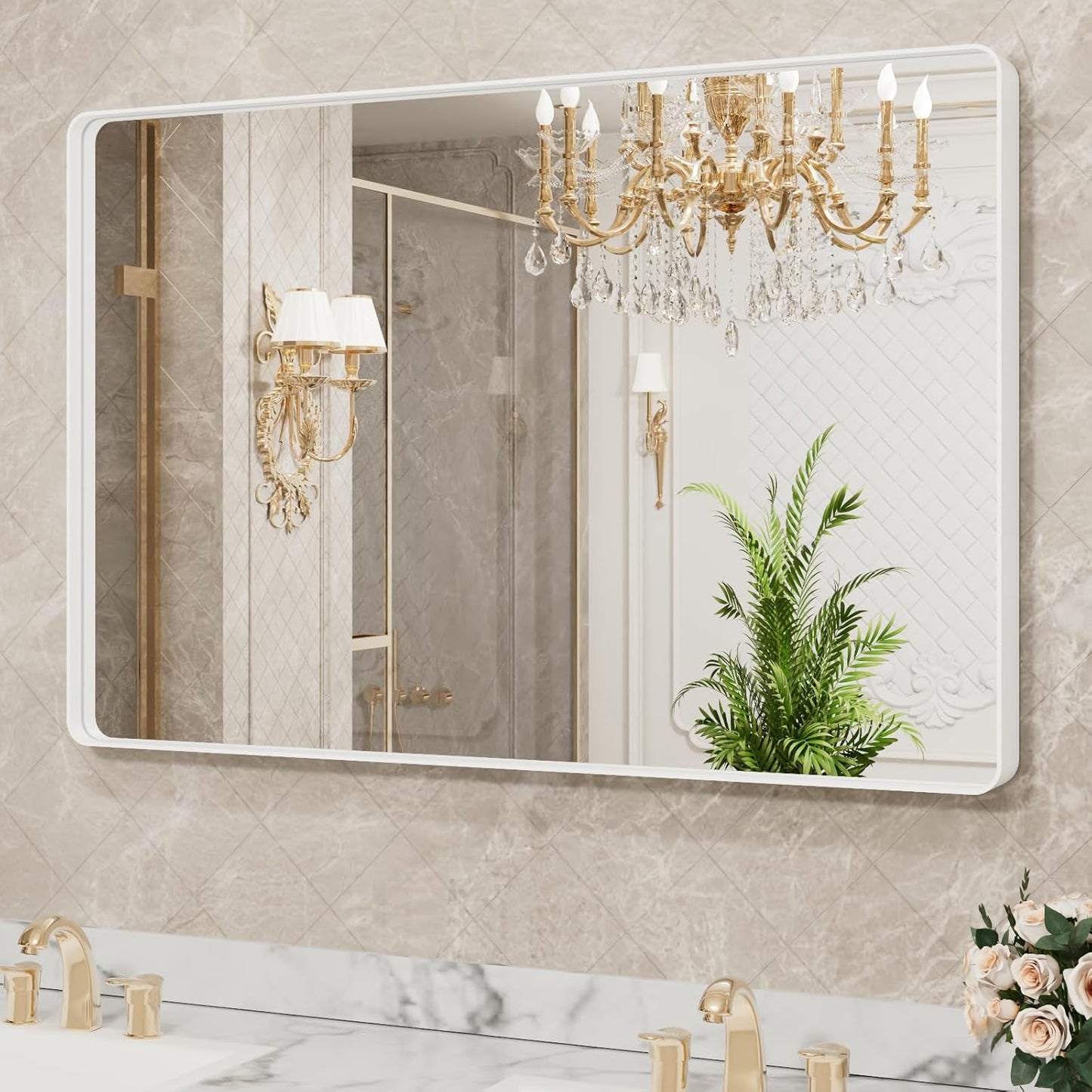 LOAAO Bathroom Mirror - 48x30 Inch White Metal Framed Rounded Rectangle | Anti-Rust Tempered Glass