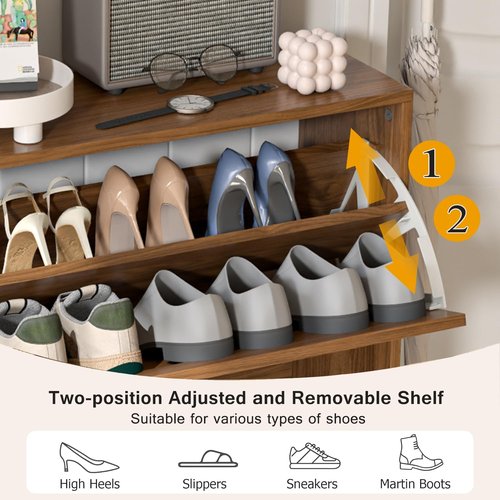 Fsbecl Shoe Storage Cabinet - Narrow Wood Organizer with 2 Flip Drawers | Stylish Walnut Finish for Entryway