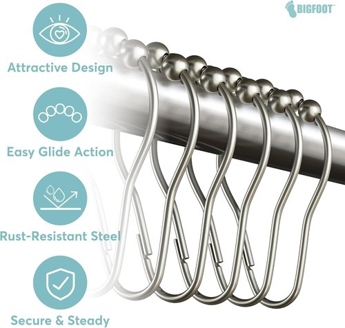 BigFoot Shower Curtain Hooks - 12 Rust-Resistant Stainless Steel Rings for Easy Glide & Secure Hold | Fits Any Shower Rod