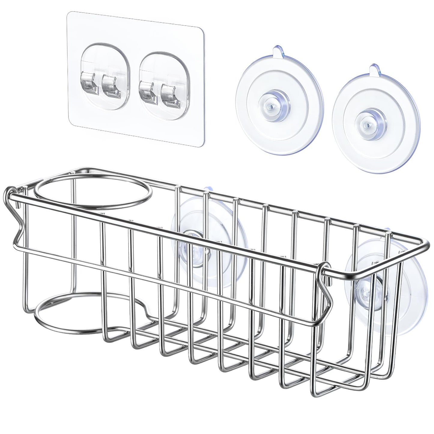 3-In-1 Sponge Holder for Kitchen Sink with Suction Cups & Adhesive Hook , In-sink Sponge Holder, Wall Hanging Sink Caddy Organizer Rack - Sponge, Dish Cloth, Brush, Scrubber - 304 Stainless Steel